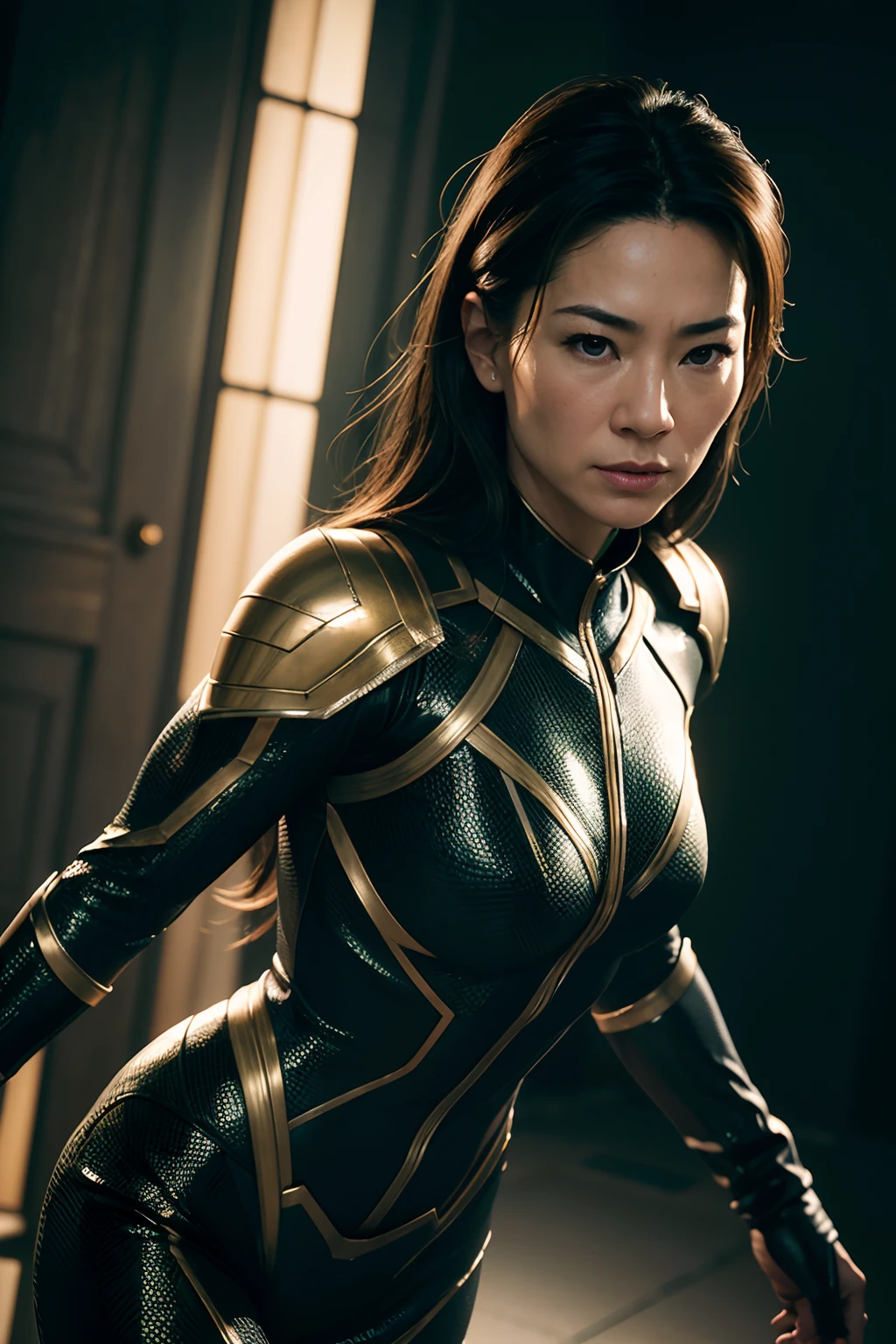 Michelle Yeoh as a superhero, glowing lights, (dynamic pose), (hyper realistic:1.4), (realistic:1.3), (best quality real texture skin), full body, (Cinematic Light), highly detailed skin, skin pores, (highly detailed face:1.1), (highly detailed eyes:1.1), realistic pupils, (perfect anatomy:1.1), (perfect proportions:1.1), (photography:1.1), (photorealistic:1.1), volumetric lighting, dynamic lighting, real shadows, (highres:1.1), sharp focus, daylight, (realistic, hyperrealistic:1.4), intricate, high detail, dramatic, subsurface scattering, big depth of field, vivid, polished, sharpened, ((full Sharp)), (extremely absurdres),8k hdr