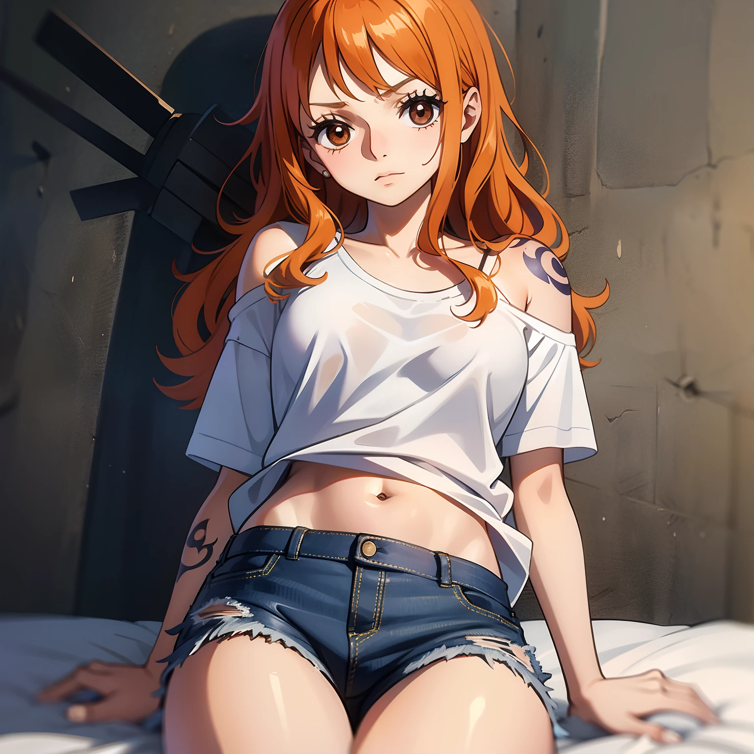 Cute s,Round brown eyes、Orange hair color、no-bra、Medium to long straight hairstyle、Stomach tightness、Windmill tattoo on the left shoulder、Wearing a white T-shirt、wearing denim、embarrassed from