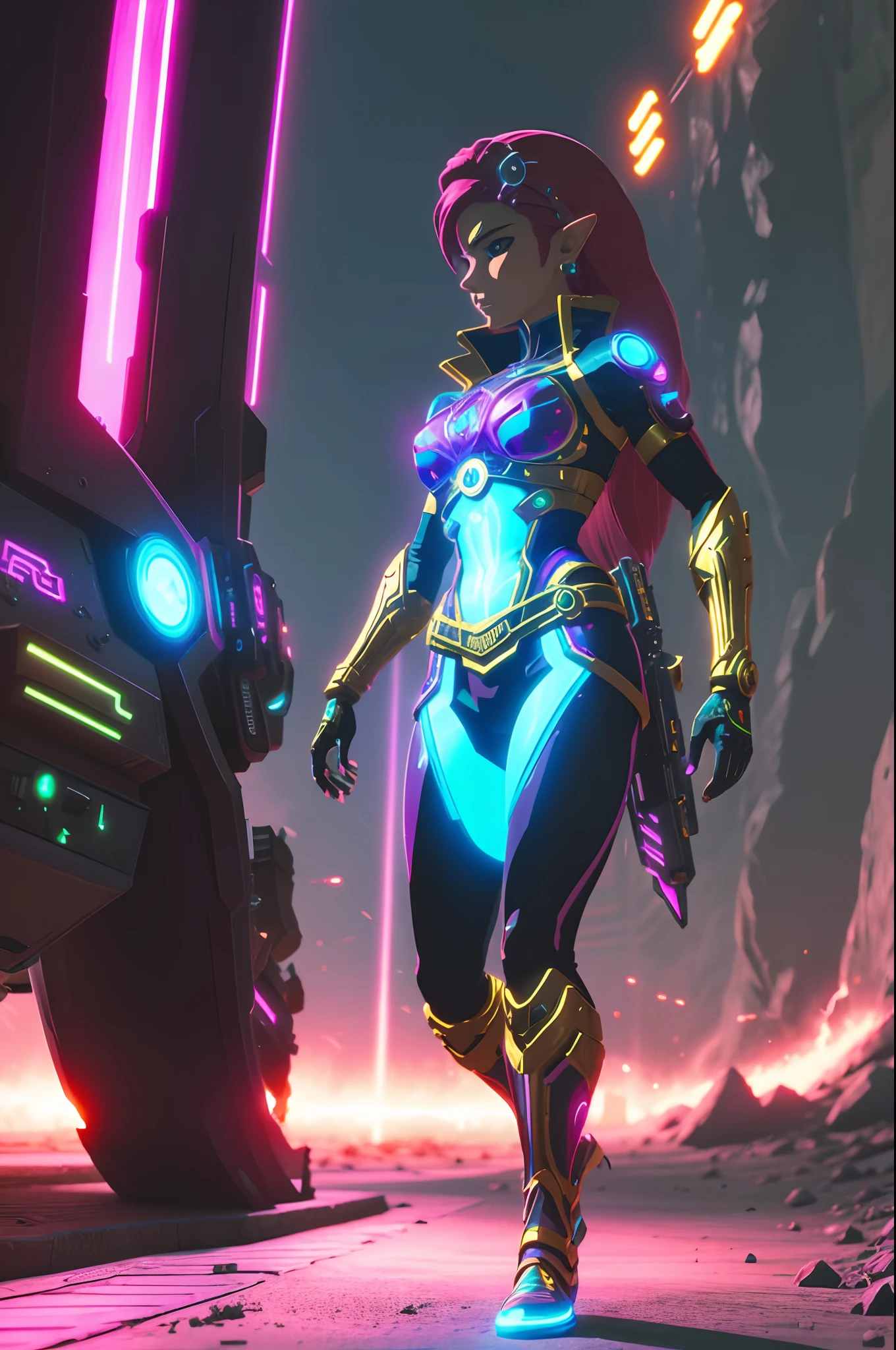 botw style epic action 80s anime cyberpunk synthwave female superhero in high tech power suit fully powered metallic surface energy pulsating heroic pose glowing aura glowing sui