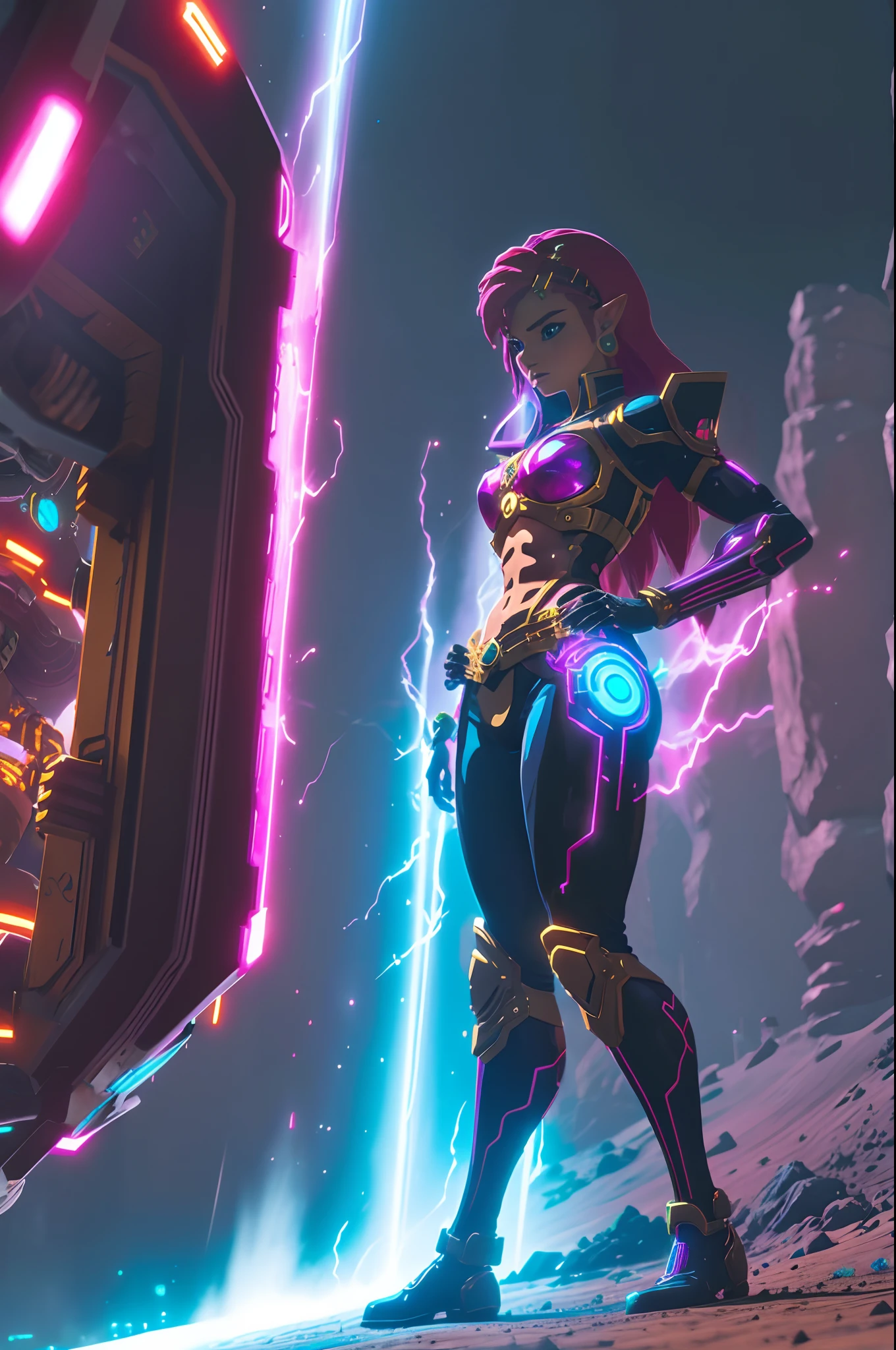 botw style  epic action 80s anime cyberpunk synthwave female superhero in high tech power suit fully powered metallic surface energy pulsating heroic pose glowing aura glowing sui