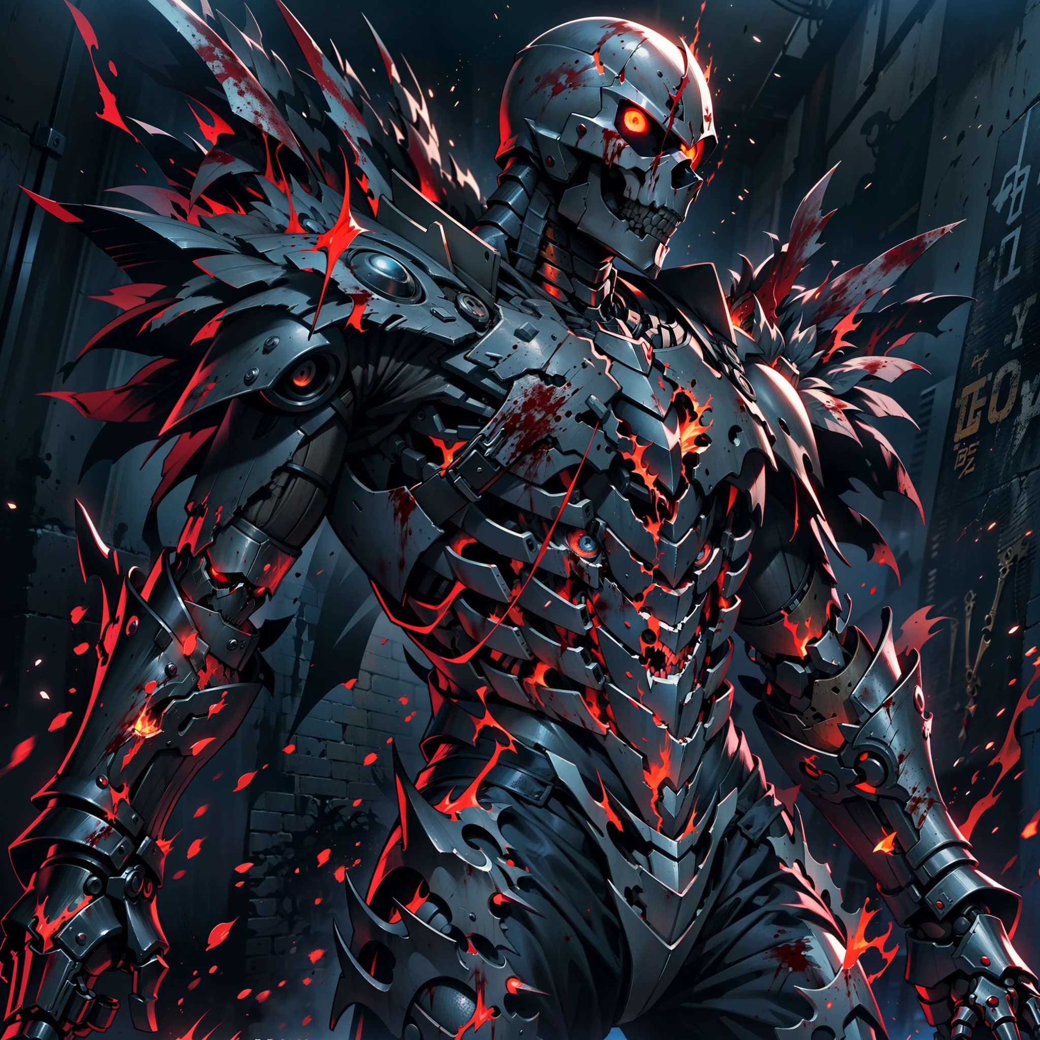 (Very detailed 8k wallpapers),The best movie posters,war theme,The horror covered in blood(undead knight)photo from the side (Hyper-detailing),Kamen Rider,Burning eyes,(Put on the flame armor),mechanized,(Mechanical skeleton),Mechanical details:1.2,Carry a sickle,uncanny,The dark world,Dark series
