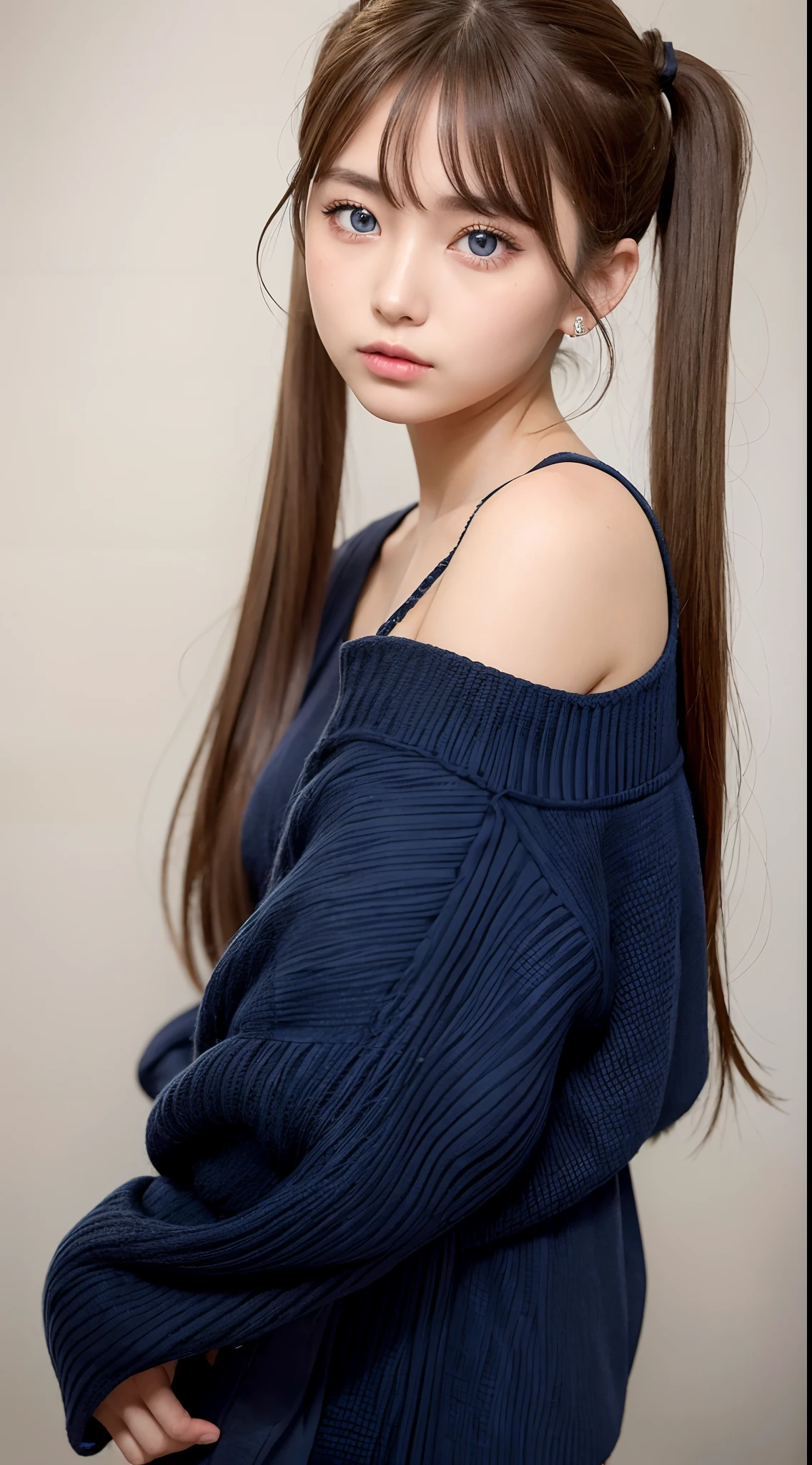 Fashion model girl,Beautiful indigo eyes,Brown-haired twin tails,