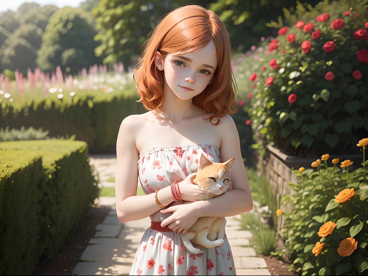 ten Emma Watson wearing a pale red floral patterned strapless playsuit in the garden, small bust, small chest, cute smile, pale red head accessories, pale red bracelet. Carrying a ginger cat.