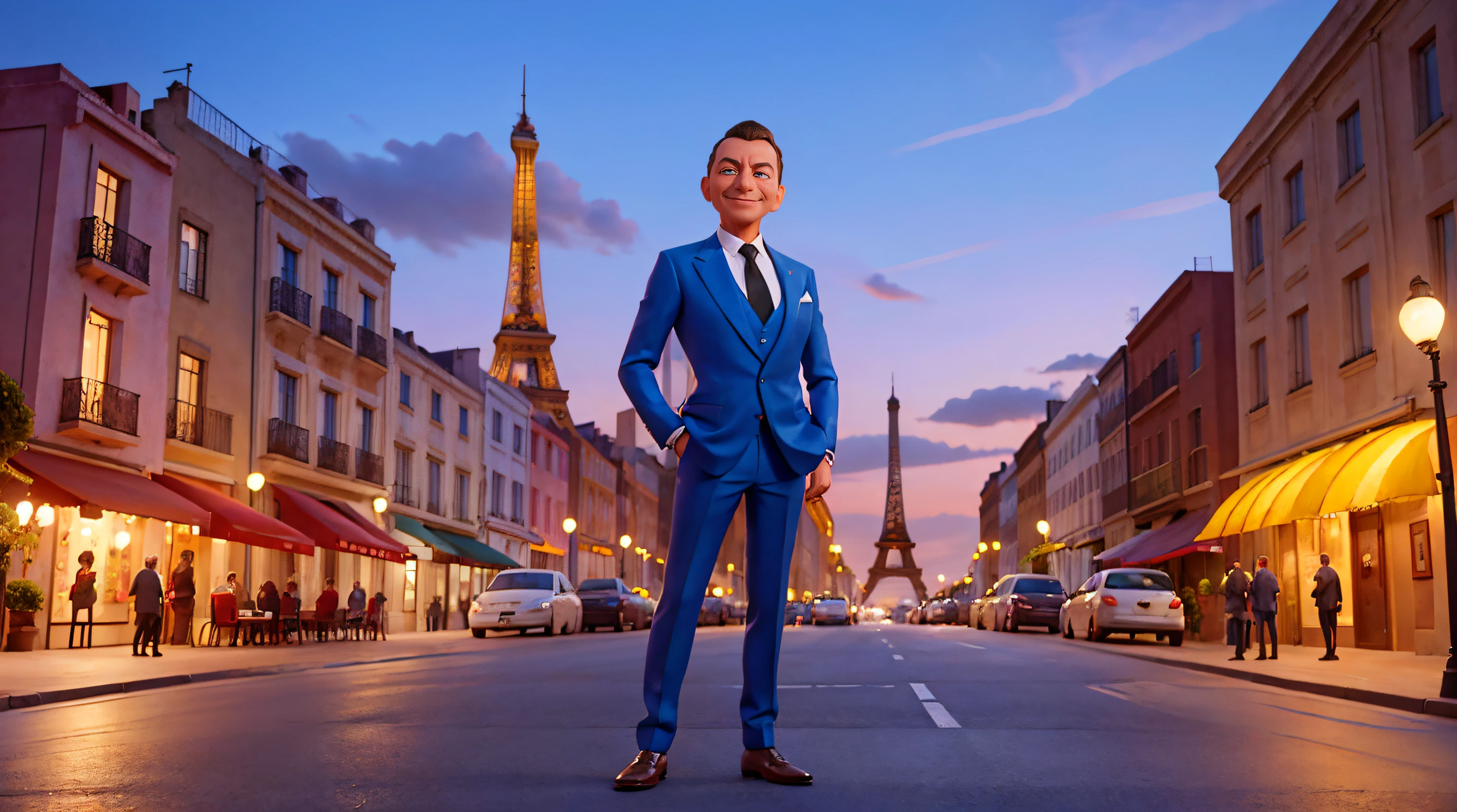 El personaje es un hombre con traje elegante, Un cantante de jazz conocido por su elegancia. It's on a busy street, With tall buildings in the background and behind in France and the Eiffel Tower. La imagen se crea para ser utilizada como perfil, con colores vibrantes y trazos fuertes. Frank Sinatra tiene ojos azules brillantes. Lleva un traje azul y un par de zapatos cafes.. His arms are crossed by his side and he has a smile on his face while the city is already in a dark night....... en segundo plano, Hay una calle concurrida con edificios altos y rascacielos. Hay gente caminando por las calles. The stage is created to emphasize the beauty and antiquity of the city. La pose de Frank sinatra es segura y elegante., Listo para enfrentar el mundo con gracia y estilo. The picture style is designed to be used as a profile, con rasgos fuertes y expresivos para enfatizar la belleza del personaje. The medium used would be digital art in the style of ratatouille film., with shading techniques and vibrant colors to create the detailed and realistic look of a man in the 50s in the city. 4k, detallado, buena cara.