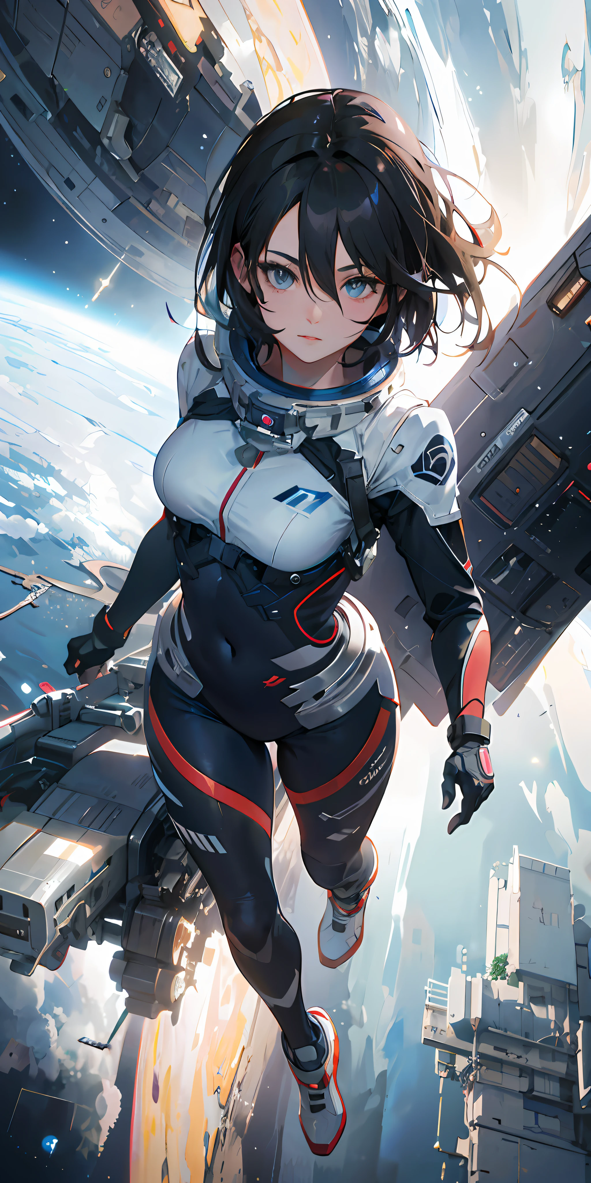 Garoto de anime em traje espacial futurista voando sobre uma cidade, portrait anime space cadet boy, Retrato Armored Astronauta Menina, inspirado em Krenz Cushart, Wojtek FUS, Makoto Shinkai ( apex legends ), Melhor Anime 4K Konachan Wallpaper, Alena Aenami e Android Jones, Guweiz, Artgerm e Atey Ghailan