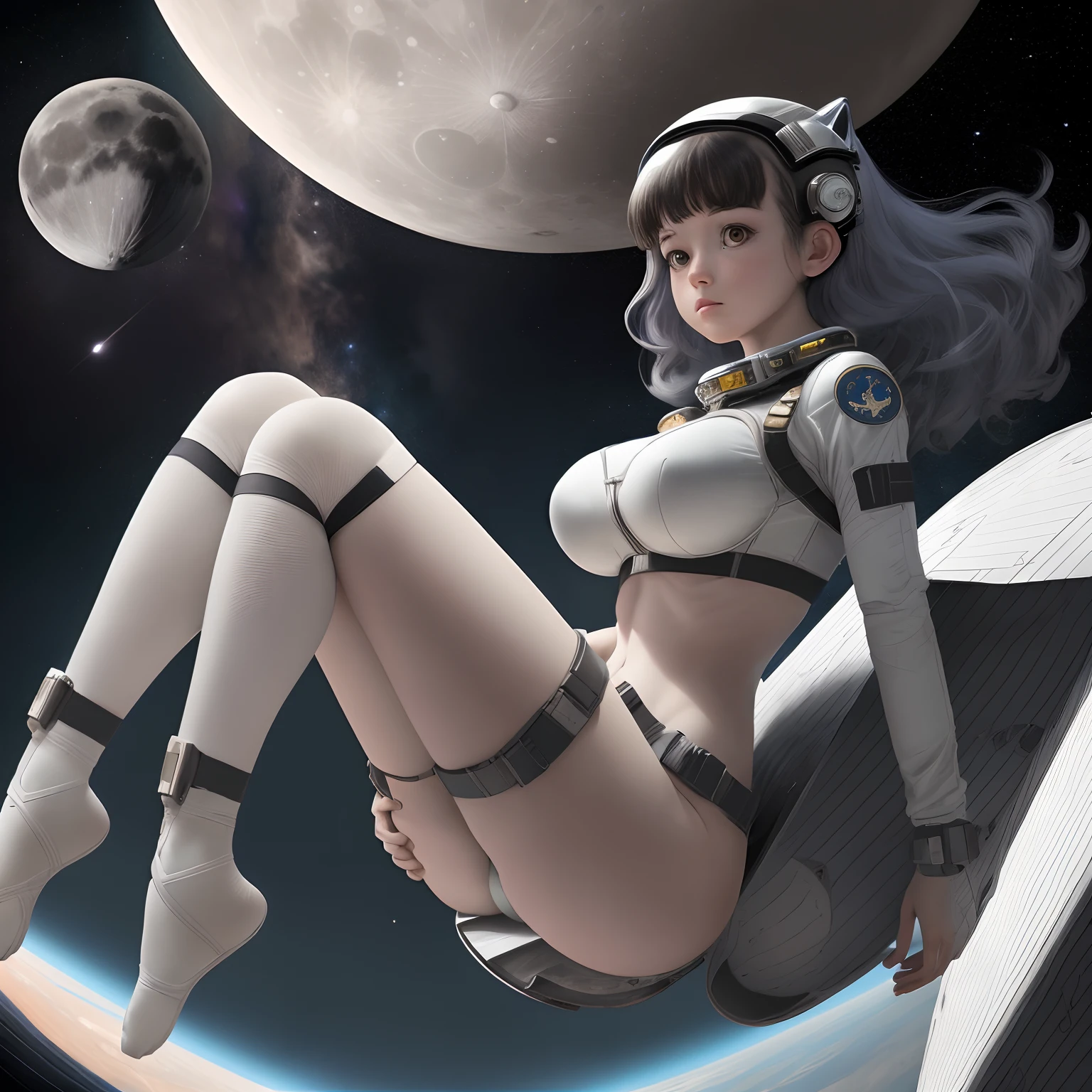 Flying girl in space, wearing just underwear and bra. a girl wearing a space helmet.  full height girl.  a view from afar. the whole body of the girl is in the frame, legs are fully visible. Unbeatable masterpiece, Ultra photo realsisim, Perfect artwork, Intricate details, Best quality, Strong light , High contrast, Dynamic pose, Solo , Large breasts , 1girll, Floating hair , Science fiction , Let's go horizontal and vertical. Look for Phantom Cats, moon phase is background, girl more standing