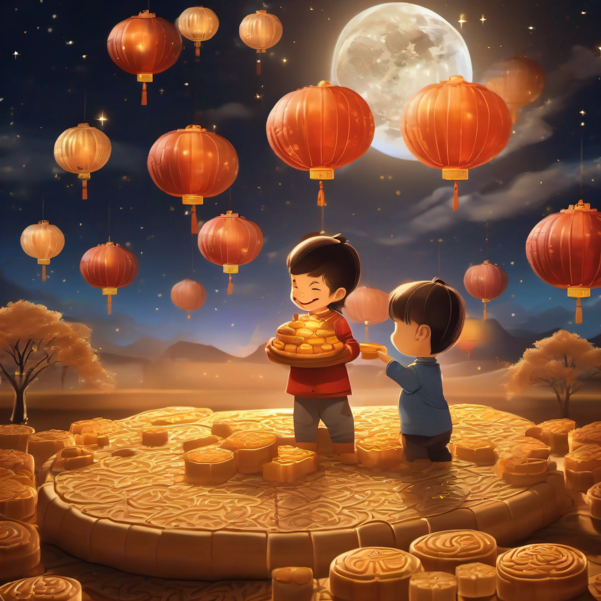 1 in huge house made of mooncakes,The warm sun shines in,Happy laughter,A huge moon in the distance is the background,night sky stars,Kongming Lantern,macro shot,depth of fields。