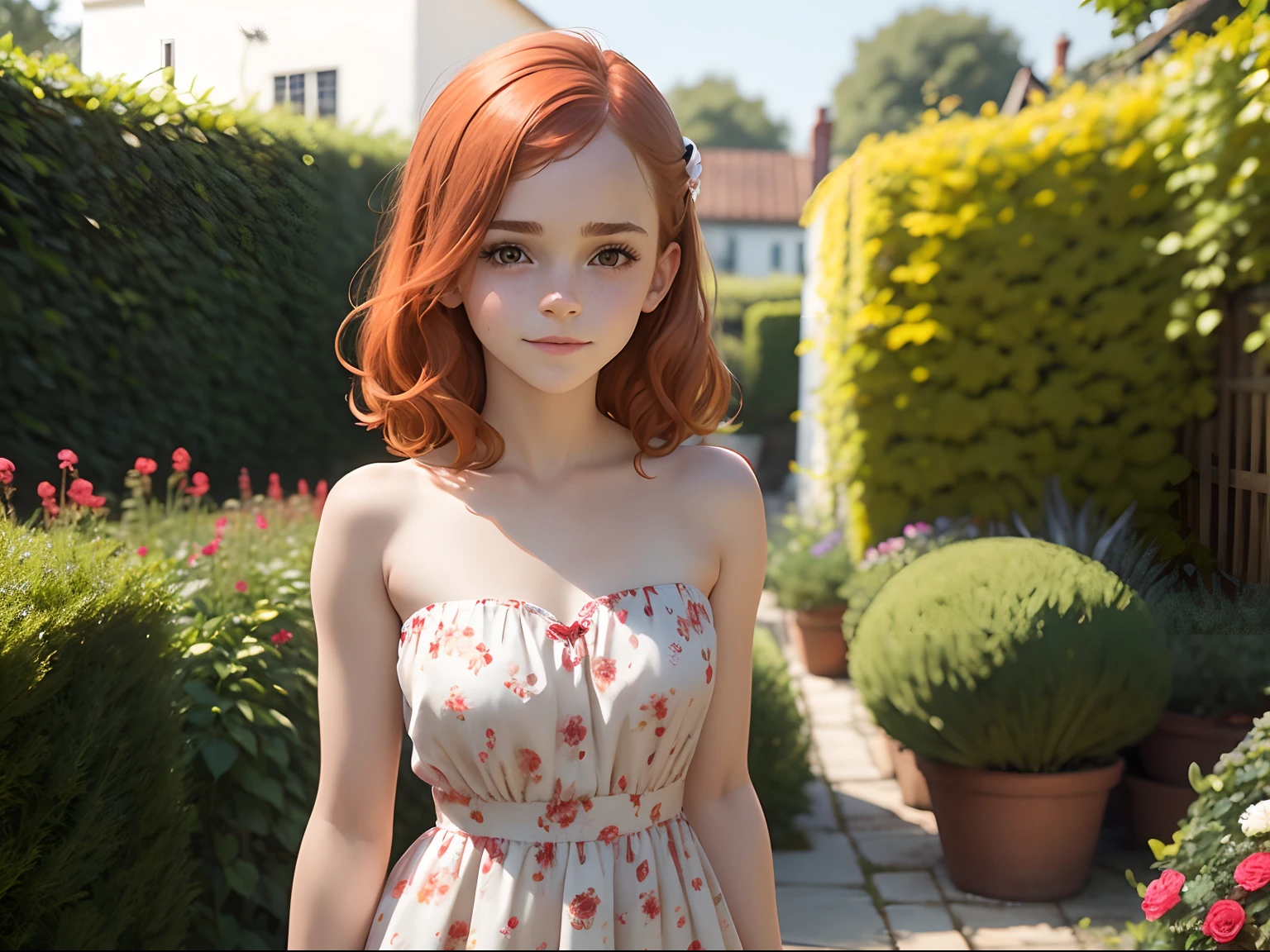 ten Emma Watson wearing a pale red floral patterned strapless playsuit in the garden, small bust, small chest, cute smile, pale red head accessories, pale red bracelet. Carrying a ginger cat.