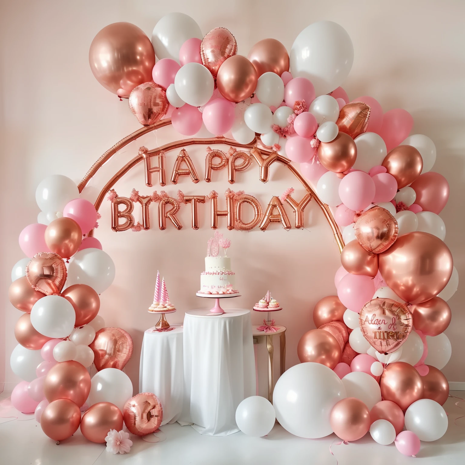 a close up of a birthday arch with balloons and a cake, happy birthday, birthday party, birthday, party balloons, happy mood, romantic themed, with soft pink colors, balloons, happy birthday candles, happy, celebrating a birthday, (pink colors), 🤬 🤮 💕 🎀, pink arches, baloons, party, decoration, hight decorated, happy!!!