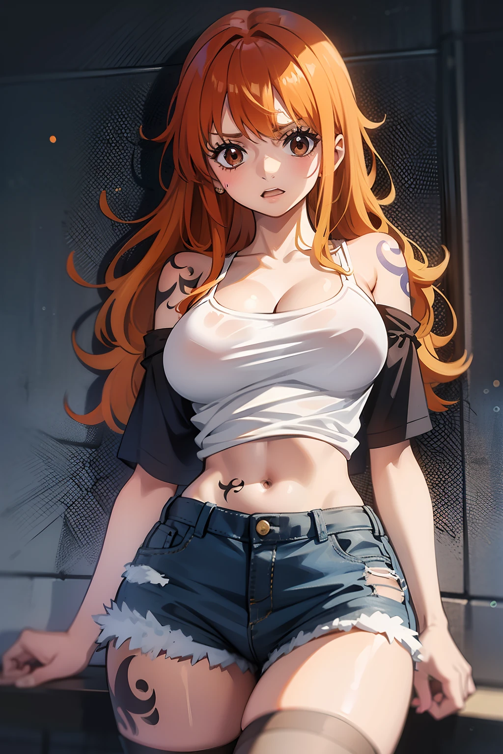 Cute *********** s,Round Brown Eyes、Orange hair color、no-bra、Medium to long straight hairstyle、Stomach stuffiness、Windmill tattoo on the left shoulder、（Bigboobs，Wearing long black stockings，perspire，Soaked top）Wearing a white T-shirt、wearing denim、embarrassed from