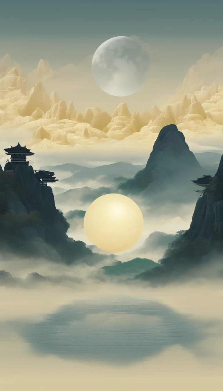 unmanned , outdoors , night , dream ,( dense fog :1.4), circular moon , mountain , river , the golden bough , sky , gold decoration ,
( minimalism :1.4), chinese classical art , yellow long upper shan , movie poster , a minimalist background ,3D, clean screen ,
 Best quality , perfect lighting , Masterpiece , Official art ,8k, wallpar 
 huge filesize , huge file size , super Detailed , oc renderer ,
 symmetrical shopping ,