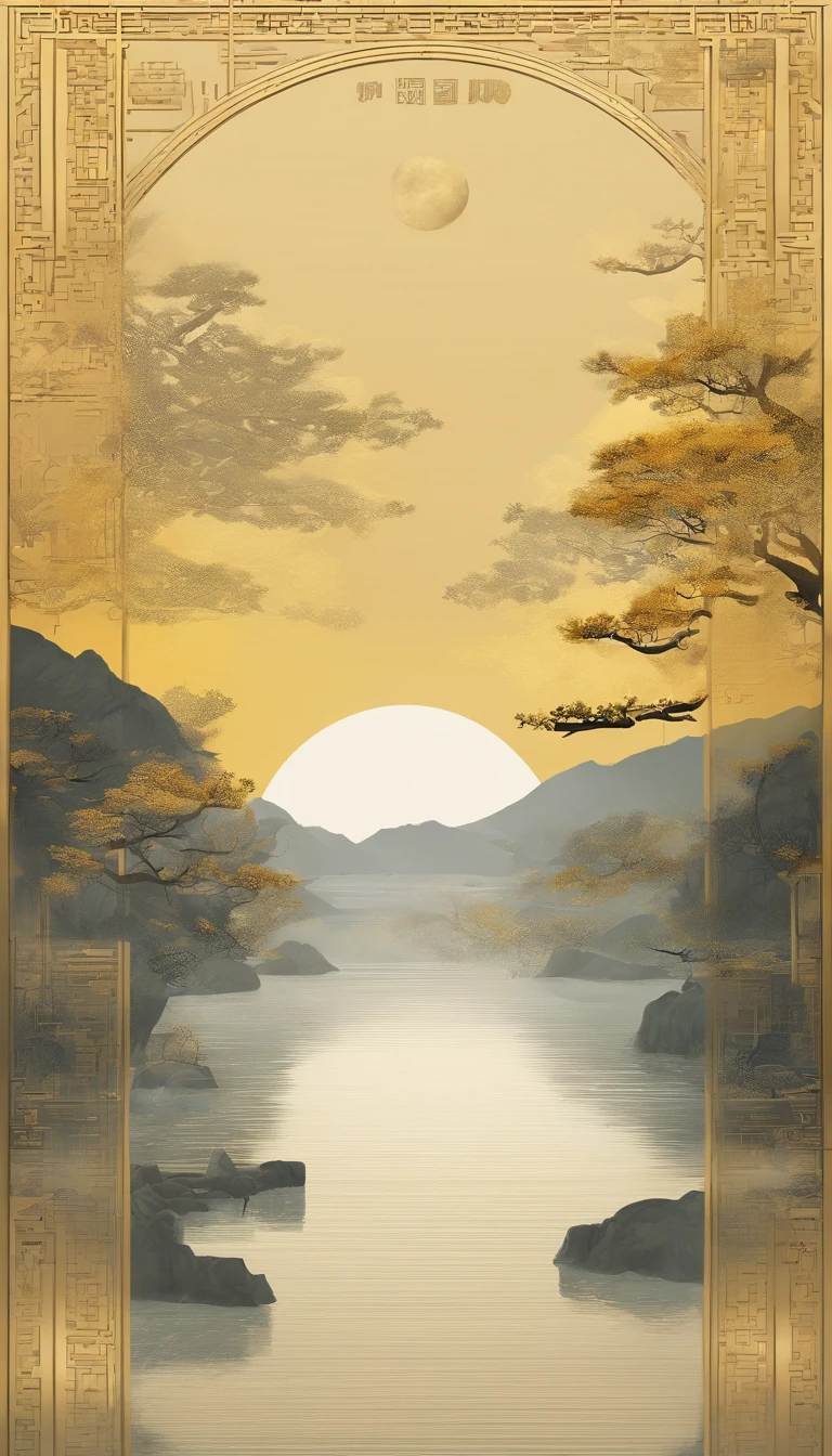 unmanned , outdoors , night , dream ,( dense fog :1.4), circular moon , mountain , river , the golden bough , sky , gold decoration ,
( minimalism :1.4), chinese classical art , yellow long upper shan , movie poster , a minimalist background ,3D, clean screen ,
Best quality , perfect lighting , Masterpiece , Official art ,8k, wallpar
huge filesize , huge file size , super Detailed , oc renderer ,
symmetrical shopping ,