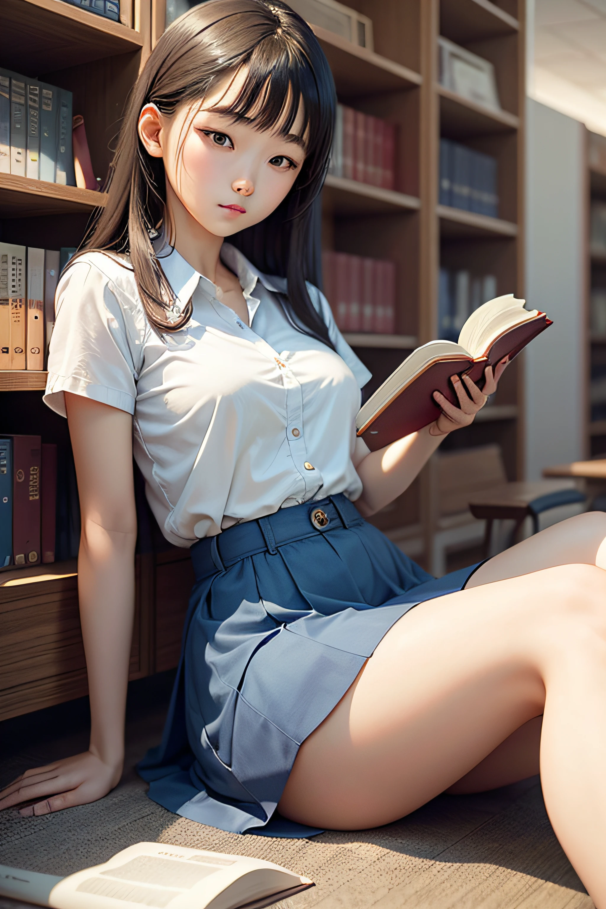 Korean lady  reading a book in a library, white shirt, student short blue skirt, pay special attention to arms and hands, pay attention to book