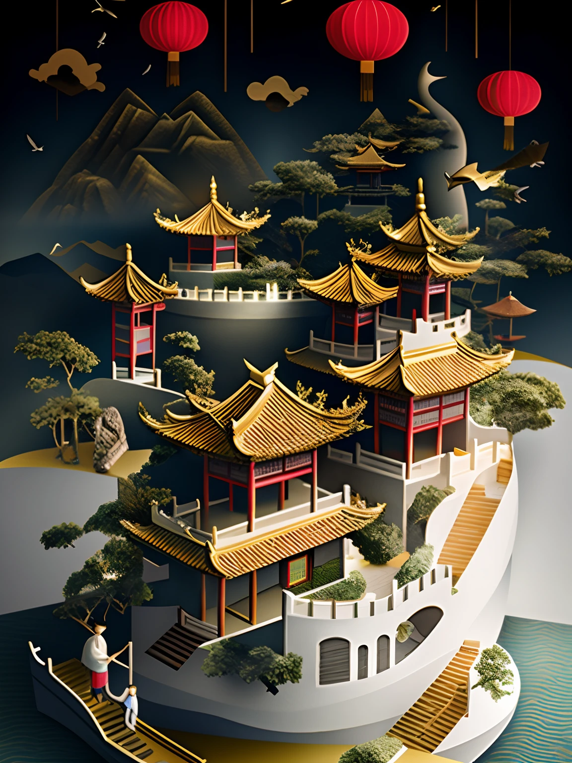 Charming Chinese garden scenery，Chinese style buildings，mountain water，mountain ranges， rios， Auspicious clouds， Pavilions， rays of sunshine， tmasterpiece， super detailing， Epic composition， hyper HD， high qulity， extremely detaile， arte em papel cortado， 统一 8k 壁纸， super detailing， 32k -- v 6