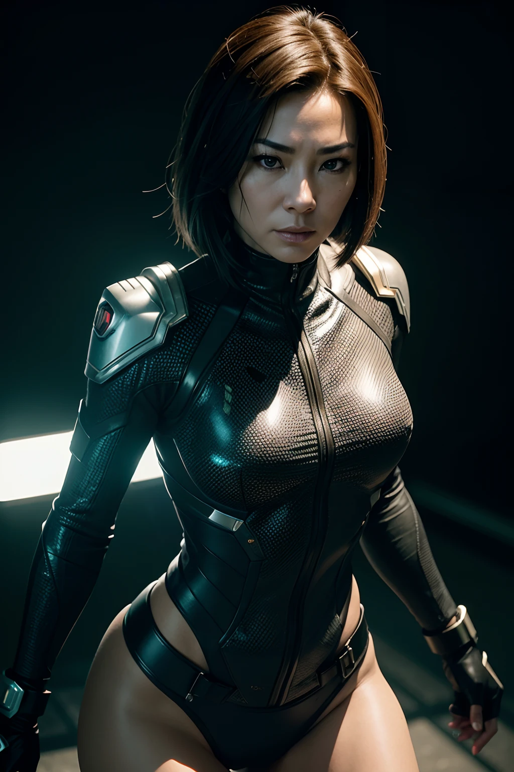 Michelle Yeoh as a cyberpunk assassin, glowing lights, (dynamic pose), (hyper realistic:1.4), (realistic:1.3), (best quality real texture skin), full body, (Cinematic Light), highly detailed skin, skin pores, (highly detailed face:1.1), (highly detailed eyes:1.1), realistic pupils, (perfect anatomy:1.1), (perfect proportions:1.1), (photography:1.1), (photorealistic:1.1), volumetric lighting, dynamic lighting, real shadows, (highres:1.1), sharp focus, daylight, (realistic, hyperrealistic:1.4), intricate, high detail, dramatic, subsurface scattering, big depth of field, vivid, polished, sharpened, ((full Sharp)), (extremely absurdres),8k hdr
