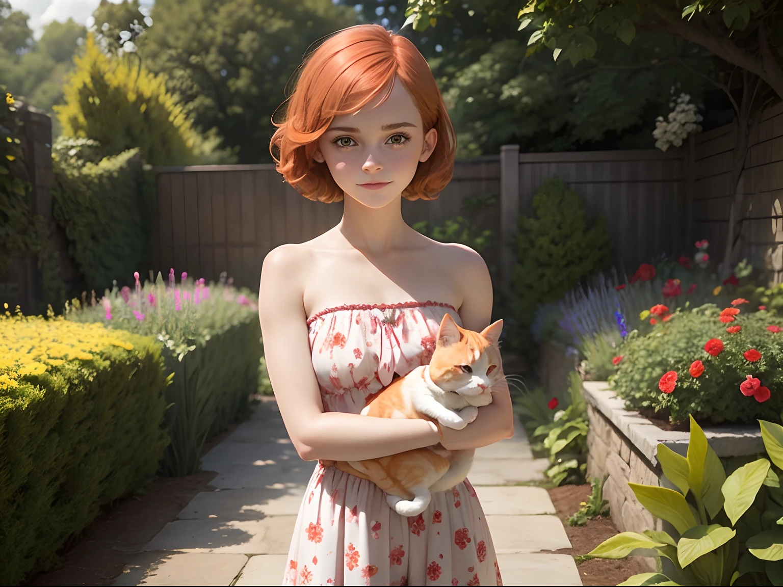 tween Emma Watson wearing a pale red floral patterned strapless playsuit in the garden, small bust, small chest, cute smile, pale red head accessories, pale red bracelet. Carrying a ginger cat.