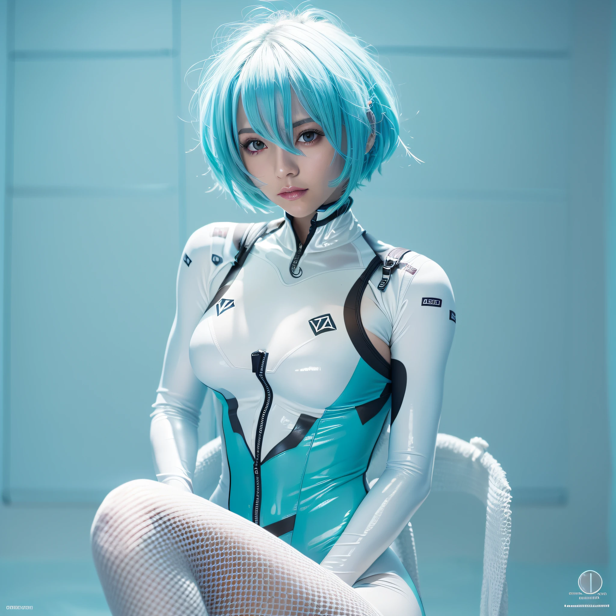 Masterpiece, RAW photo,high resolution,best quality,high definition, perfect composition, perfect face, perfect body, 16K,Cinematic lighting,short-cut,german woman,lightblue hair,White bodysuit,latex,huge breasts,full body,Image of Rei from Evangelion,