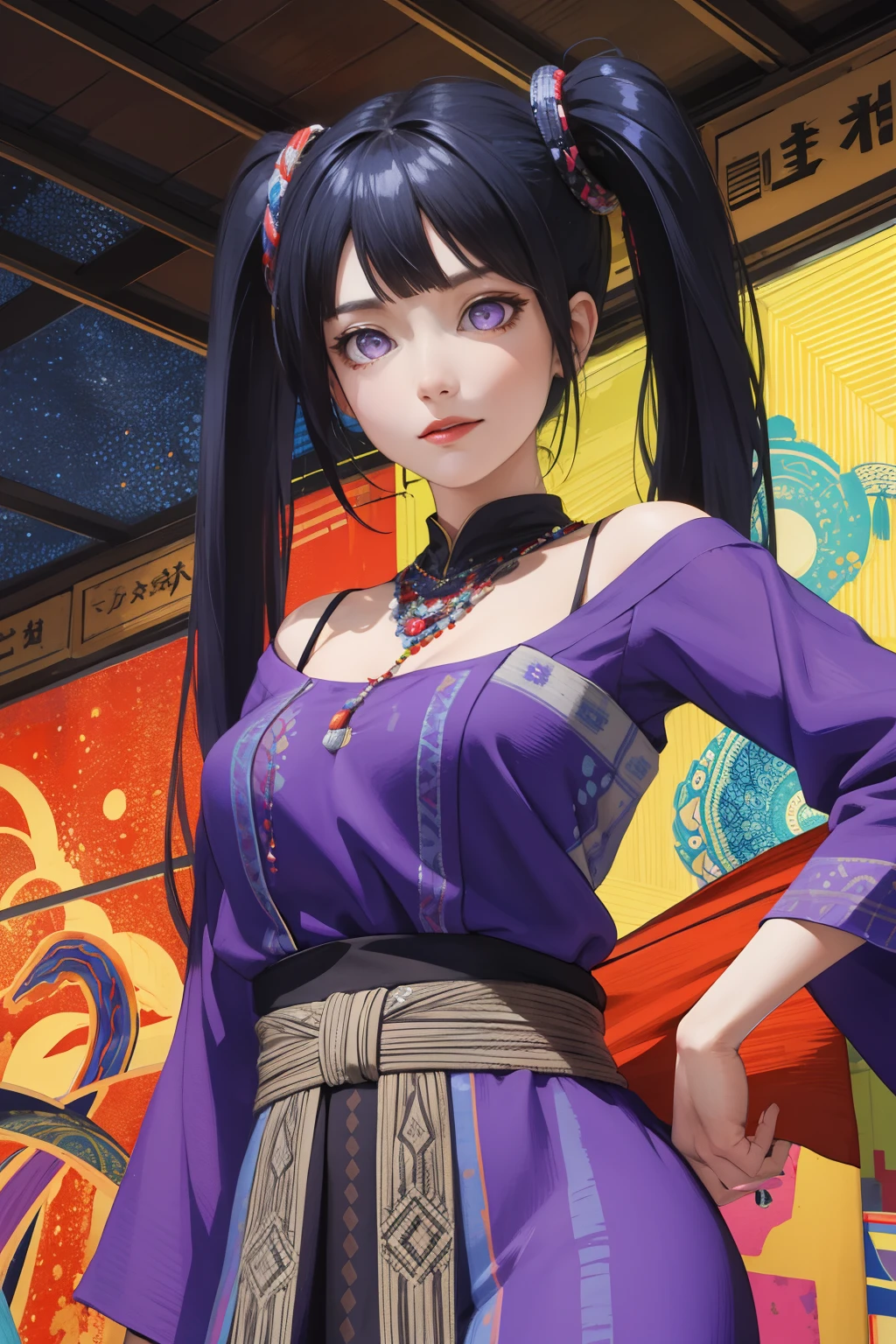 (absurdres, highres, ultra detailed), (1girl:1.3), twintails, dark blue hair, BREAK , glitch art, digital distortion, pixelated fragments, data corruption, colorful noise, visual chaos, contemporary aesthetics BREAK , enamel art, glass-like surface, vibrant colors, glossy finish, reflective textures, rich pigments, fluid forms BREAK , ethnic style, traditional clothing, vibrant patterns, handmade textiles, cultural motifs, beaded jewelry, artisanal accessories,Blunt Bangs, purple eyes
