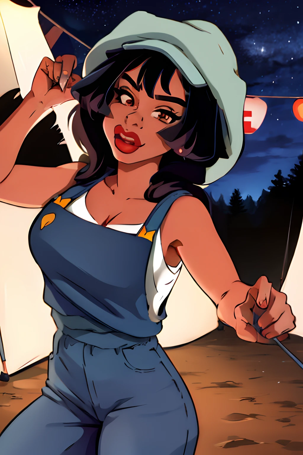 Audrey ramirez, pose lora peeking out,overalls, tent, night time, hiding from viewer