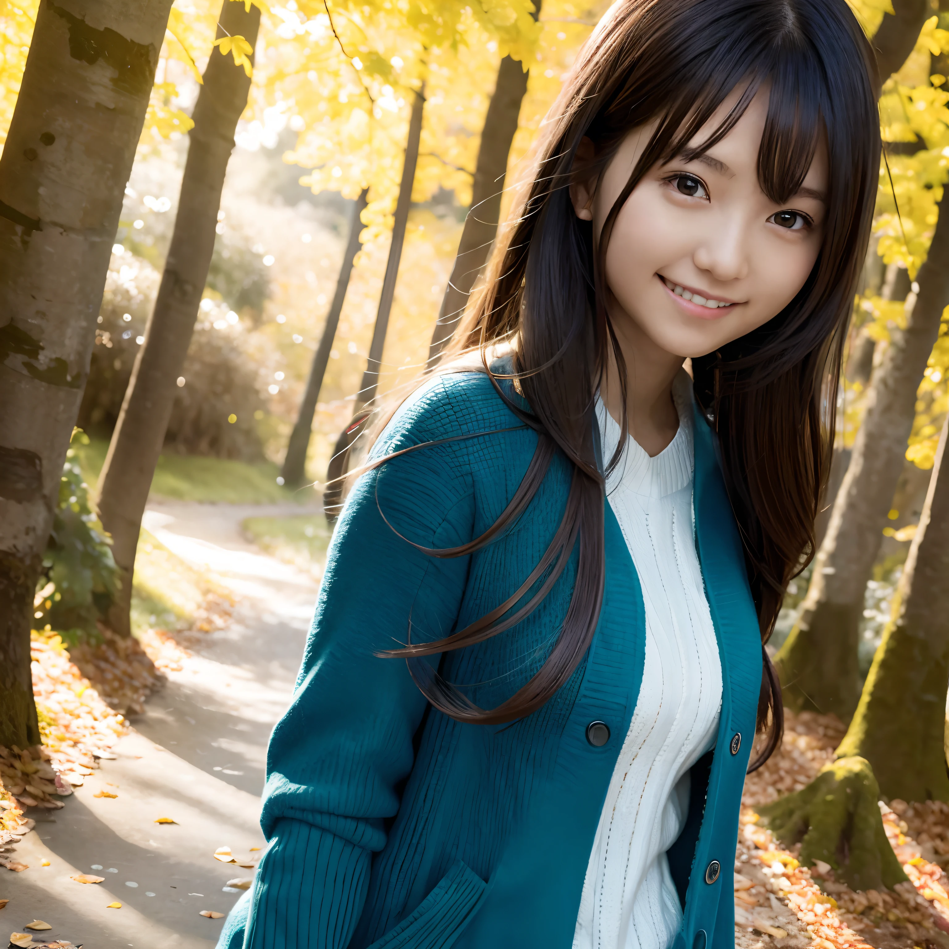 tmasterpiece，Game CG quality，Girl walking in autumn forest，close-up，Face the lens，A half body、Happy smile、realisitic、Live Action