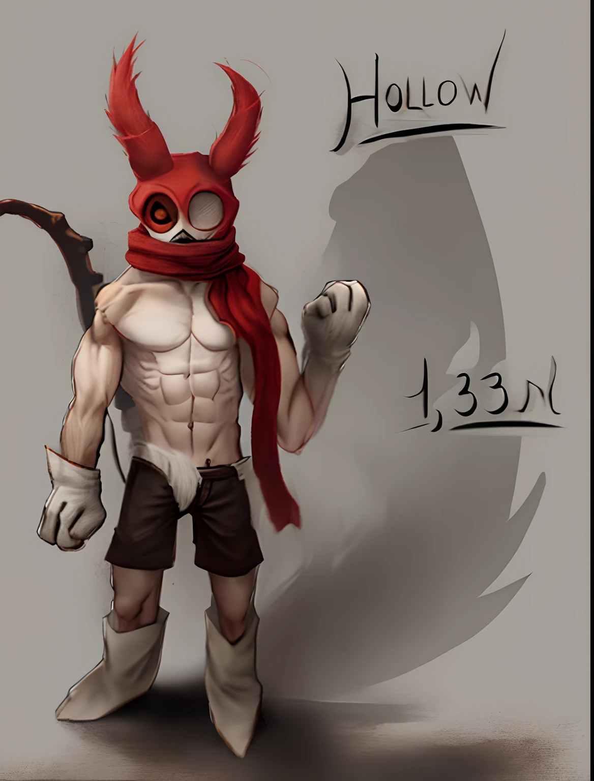Small Hollow Bleach Creature, he have a Pugilist Gloves in your hands, a Bone Tail and a muscle body, a Red Scarf in mouth, he's skin is complete dark and your mask is white