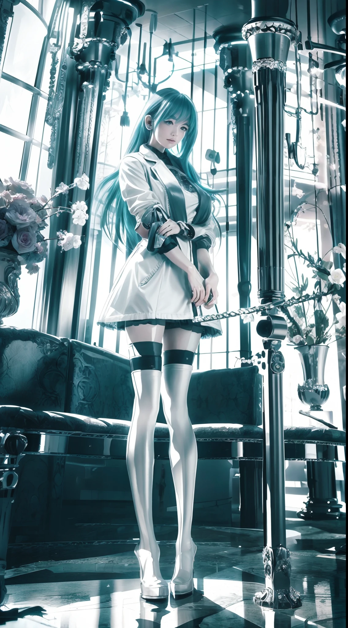 (Best quality,4K,8K,A high resolution,Masterpiece:1.2),Ultra-detailed,(Realistic,Photorealistic,photo-realistic:1.37),Long-range shooting,Blue-haired woman,Hair falls on the left shoulder,Wears a white trench coat lined in red, blackminiskirt,Patterned stockings,High heels,Walking on the street,Portrait,conceptual art,Blurred background,Soft lighting,Vivid tones