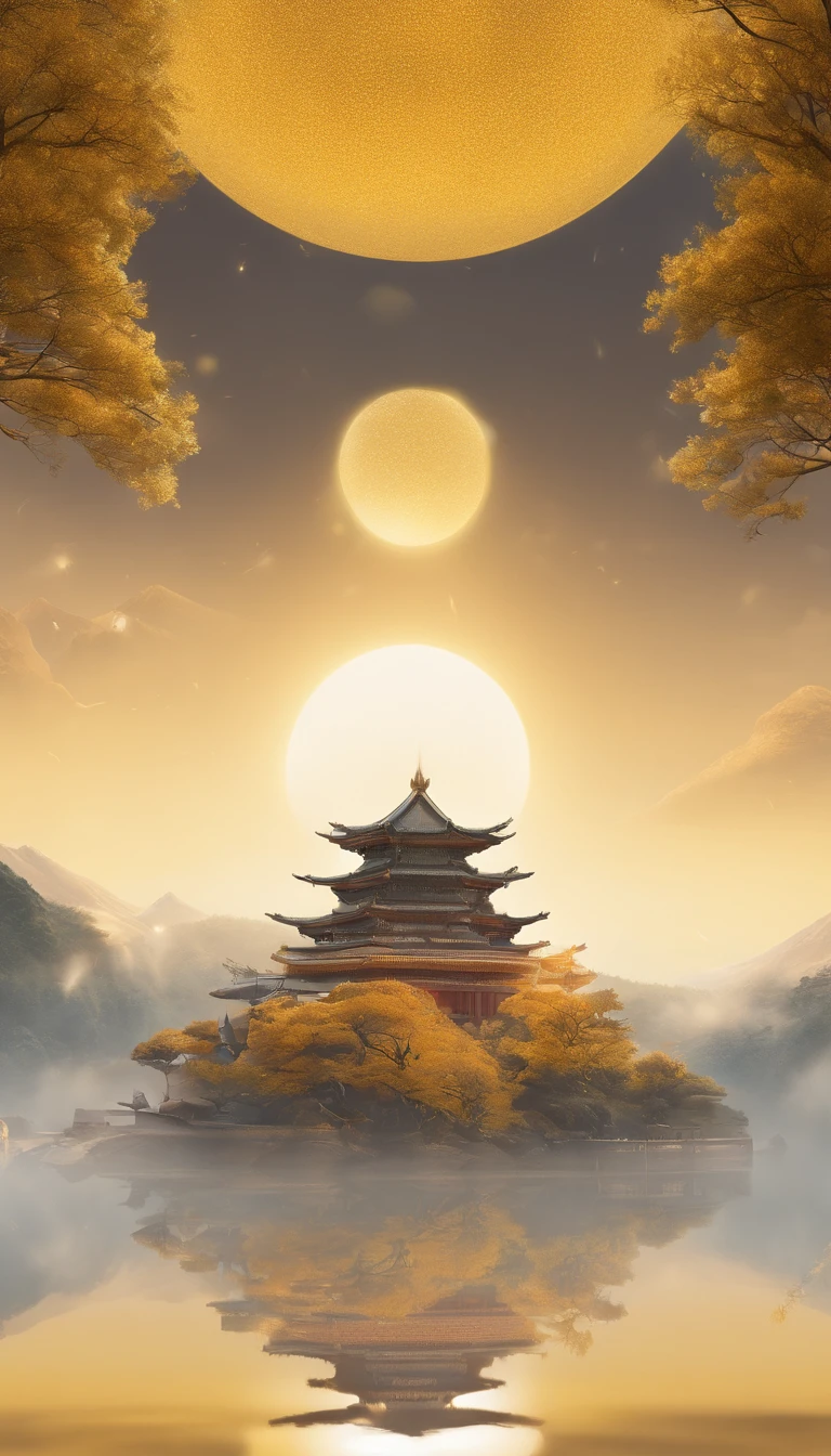 unmanned , outdoors , night , dream ,( dense fog :1.4), circular moon , mountain , river , the golden bough , sky , gold decoration ,
( minimalism :1.4), chinese classical art , yellow long upper shan , movie poster , a minimalist background ,3D, clean screen ,
Best quality , perfect lighting , Masterpiece , Official art ,8k, wallpar
huge filesize , huge file size , super Detailed , oc renderer ,
symmetrical shopping ,