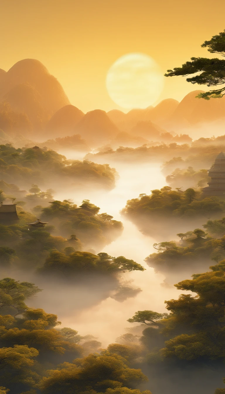 unmanned , outdoors , night , dream ,( dense fog :1.4), circular moon , mountain , river , the golden bough , sky , gold decoration ,
( minimalism :1.4), chinese classical art , yellow long upper shan , movie poster , a minimalist background ,3D, clean screen ,
 Best quality , perfect lighting , Masterpiece , Official art ,8k, wallpar 
 huge filesize , huge file size , super Detailed , oc renderer ,
 symmetrical shopping ,
