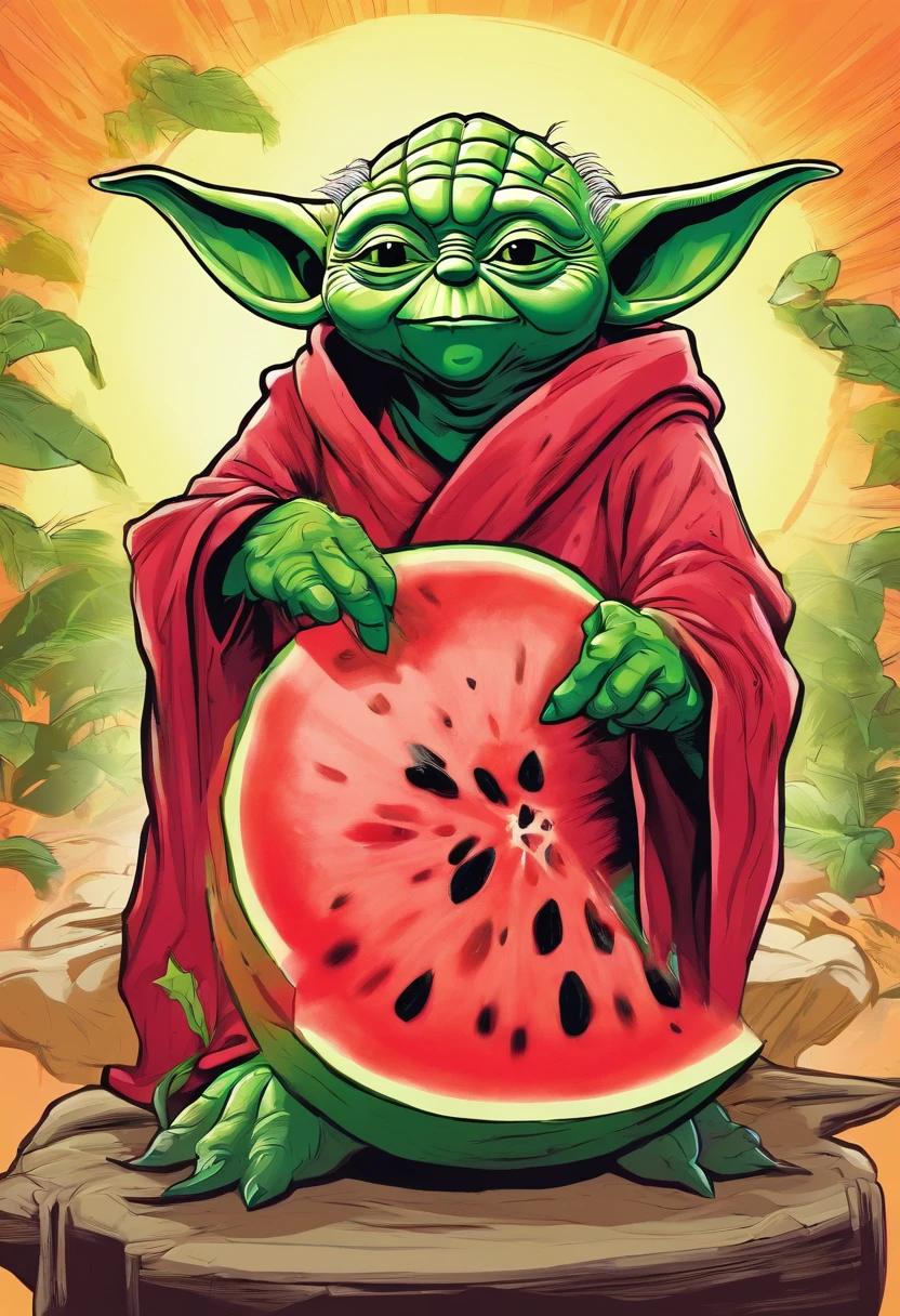 Yoda looks like watermelon with banana lightsaber, carton style