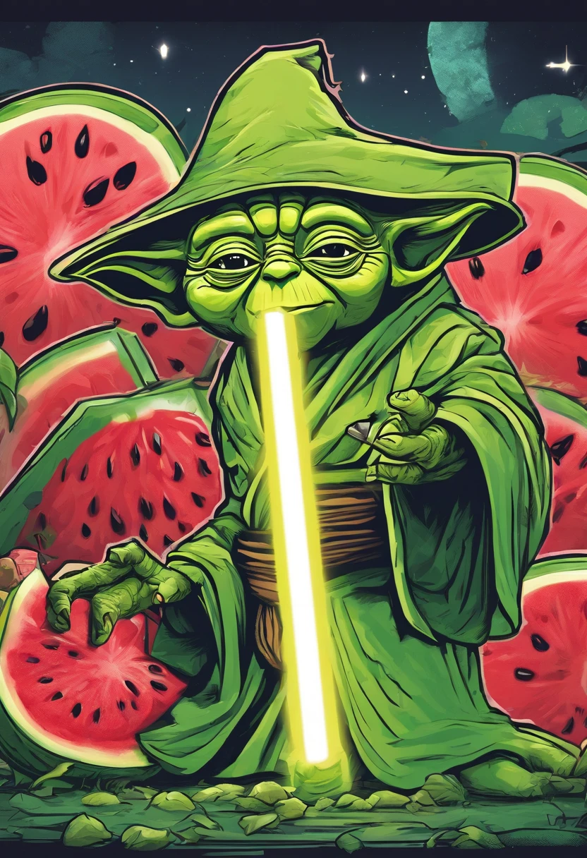 Yoda looks like watermelon with banana lightsaber, carton style