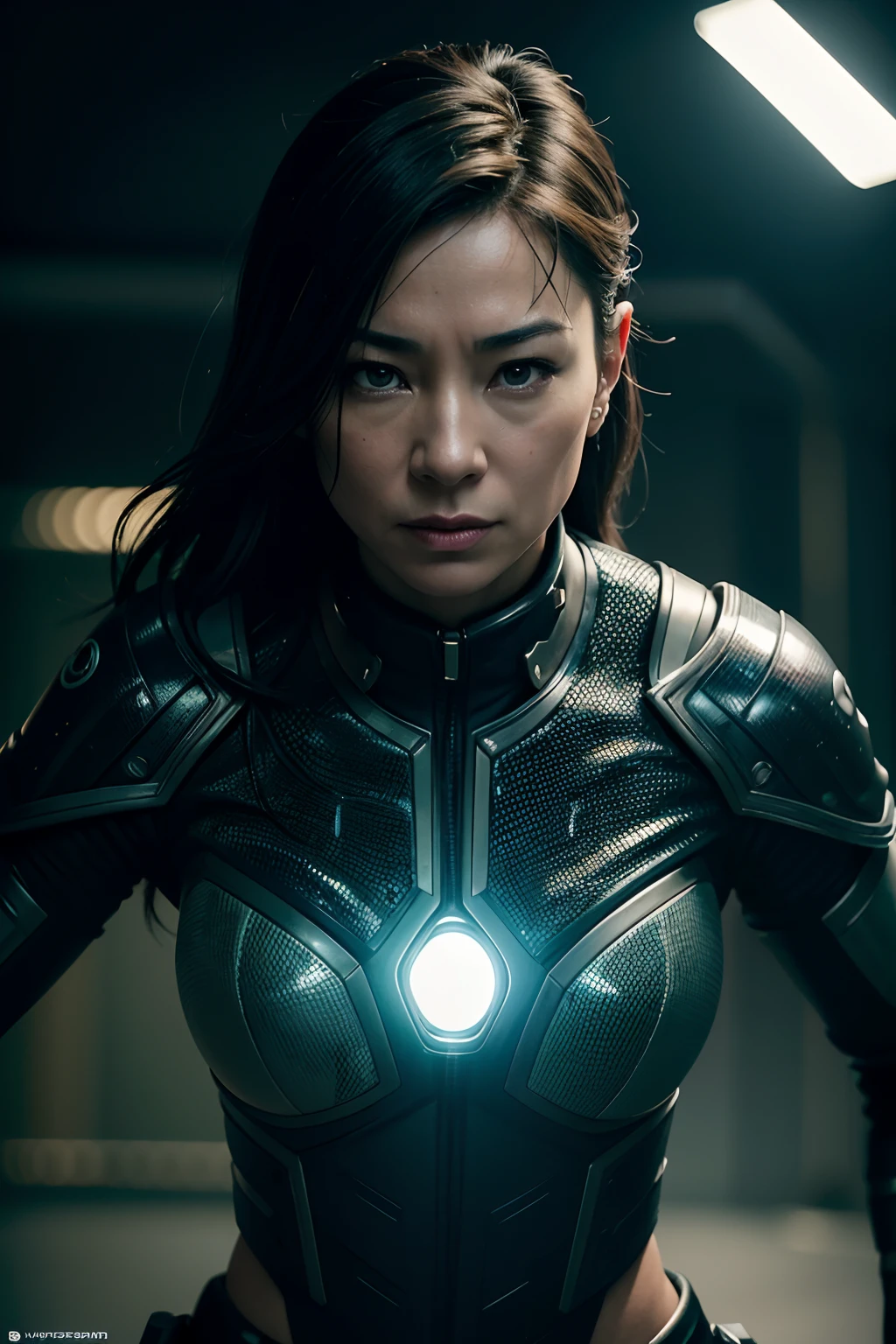 Michelle Yeoh as a cyberpunk assassin, glowing lights, (dynamic pose), (hyper realistic:1.4), (realistic:1.3), (best quality real texture skin), full body, (Cinematic Light), highly detailed skin, skin pores, (highly detailed face:1.1), (highly detailed eyes:1.1), realistic pupils, (perfect anatomy:1.1), (perfect proportions:1.1), (photography:1.1), (photorealistic:1.1), volumetric lighting, dynamic lighting, real shadows, (highres:1.1), sharp focus, daylight, (realistic, hyperrealistic:1.4), intricate, high detail, dramatic, subsurface scattering, big depth of field, vivid, polished, sharpened, ((full Sharp)), (extremely absurdres),8k hdr