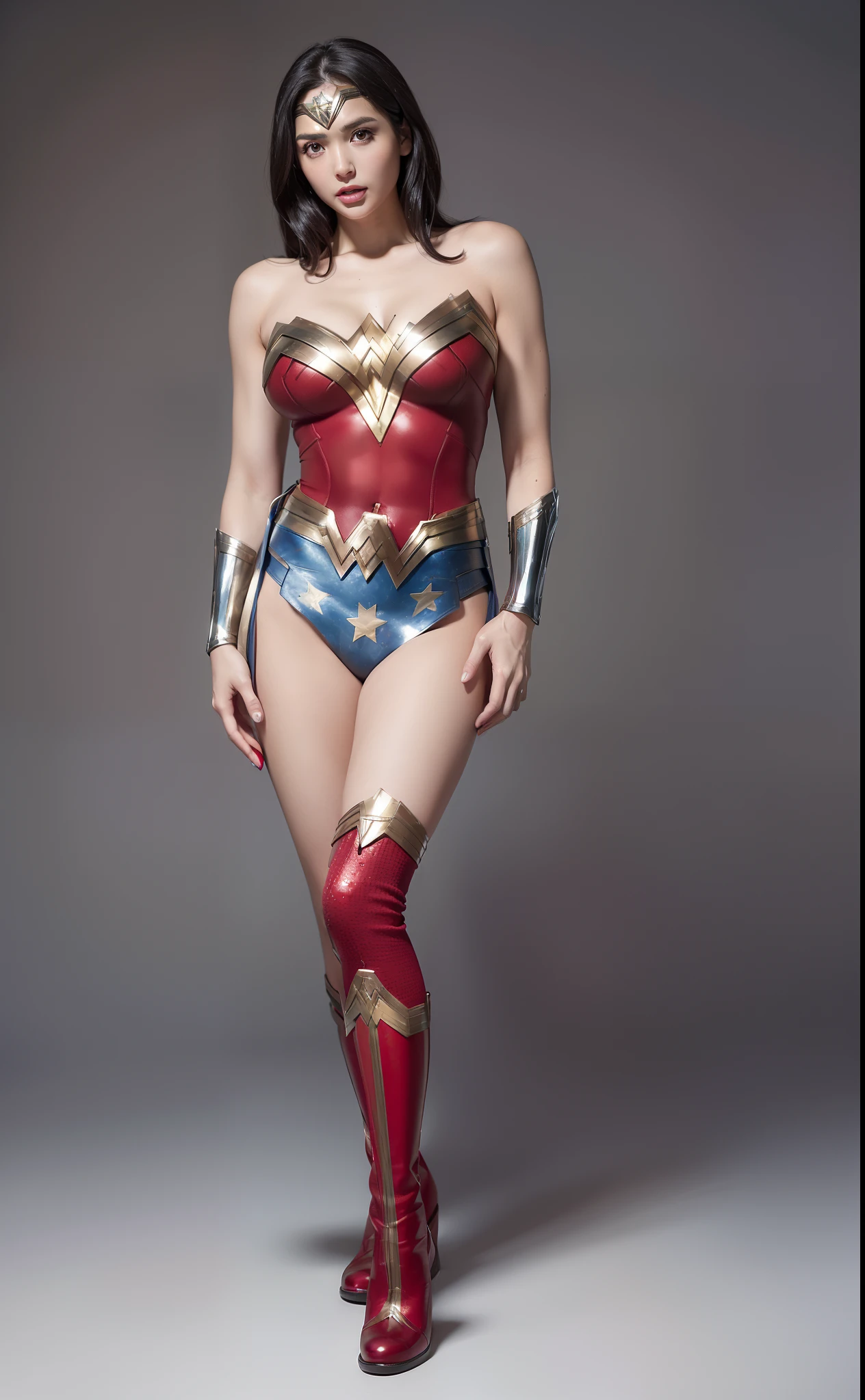 (((Make the most of the original image)))、(((Wonder Woman Costume)))、(((lustrous dark hair)))、、(((Feet must necessarily be worn with black tights)))、(((You need to wear red boots)))、((Top image quality、8K))、((top-quality、8K、masterpiece:1.3))、Crisp focus:1.2、Beautiful woman with perfect body shape:1.4、Slender Abs:1.2、((layers-Cut、large boob:1.2))、a wet body:1.5、Highly detailed facial and skin texture、