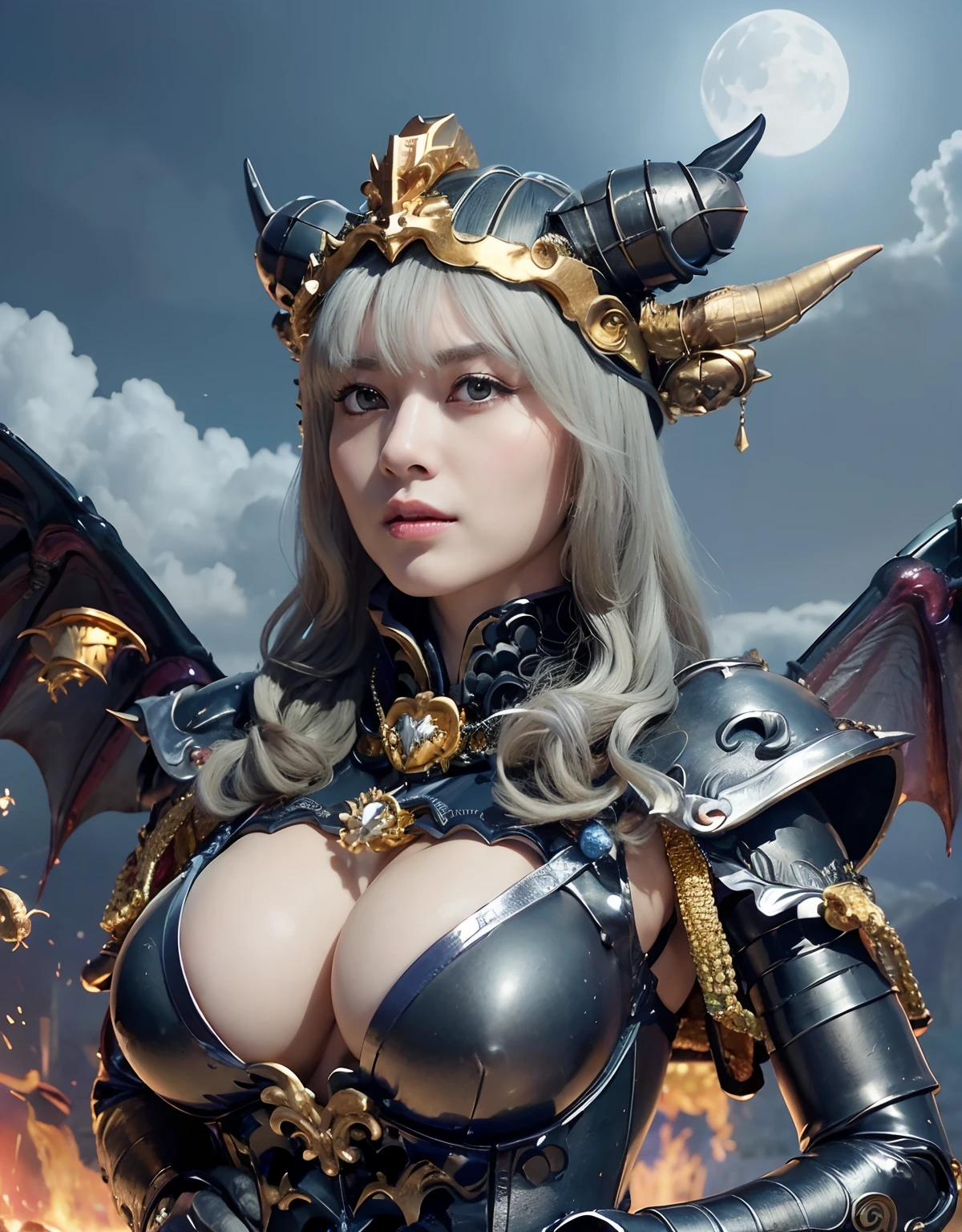Professional , masterpiece、超A high resolution、top-quality、photos realistic 、((super realistic details))、portlate、octan render、8K、Armpit、ultrasharp、(Fight fiercely against zombie soldiers)、(Dragon Black Metal Body:1.9),(Matte Blue Silver、(Night World)、(cleavage of the breast)、Dragon Gold Weapon、(Micro Bikini Armor:1.4),Mystical expression、Gorgeous gold weapons ,(Fight dragons)、Seductive look、(( Dragon's dense and gorgeous sword)) , (demonic wings) ,Detail and gorgeous crown、((a blond))、(Castle background)、((Gangle's forest background))、Beautiful Caucasian beauty、1a person、dynamic ungle,(((Detailed and ornate dragon helmet)))、Smaller head、A smile、Castle background、Thin and beautiful female hands、cleavage of the breast、Soldier in iron armor on background、Mystical expression、Light Effects、intense fighting、Wind-effect、magic circles、With the legendary magic wand、Dragon's tail、fight、(Fight fiercely against zombie soldiers)、