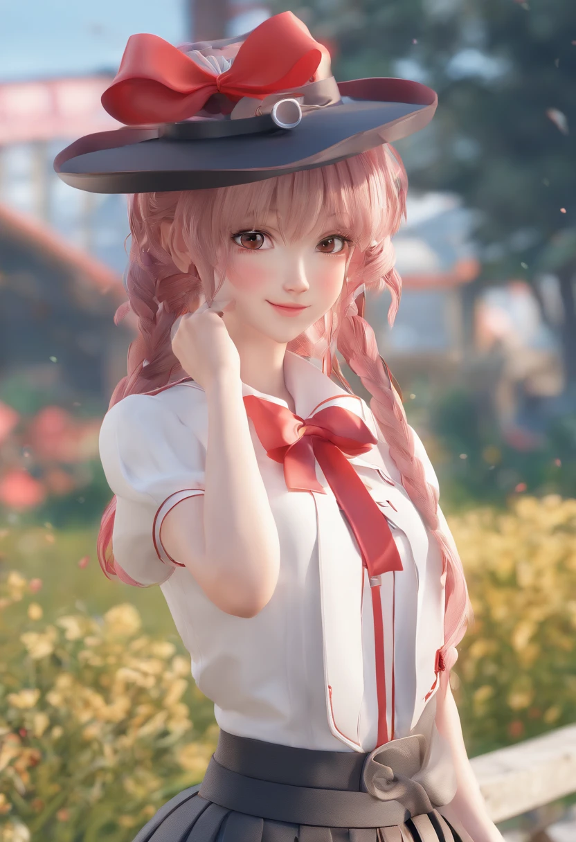 masterpiece, best quality, anime, highly detailed, 1girl, solo, cowboy shot, sumi, single braid, side braid, hair bow, white bow, white shirt, long sleeves, sailor collar, red ribbon, red skirt, pleated skirt, embarrassed, blush, smile, outdoors