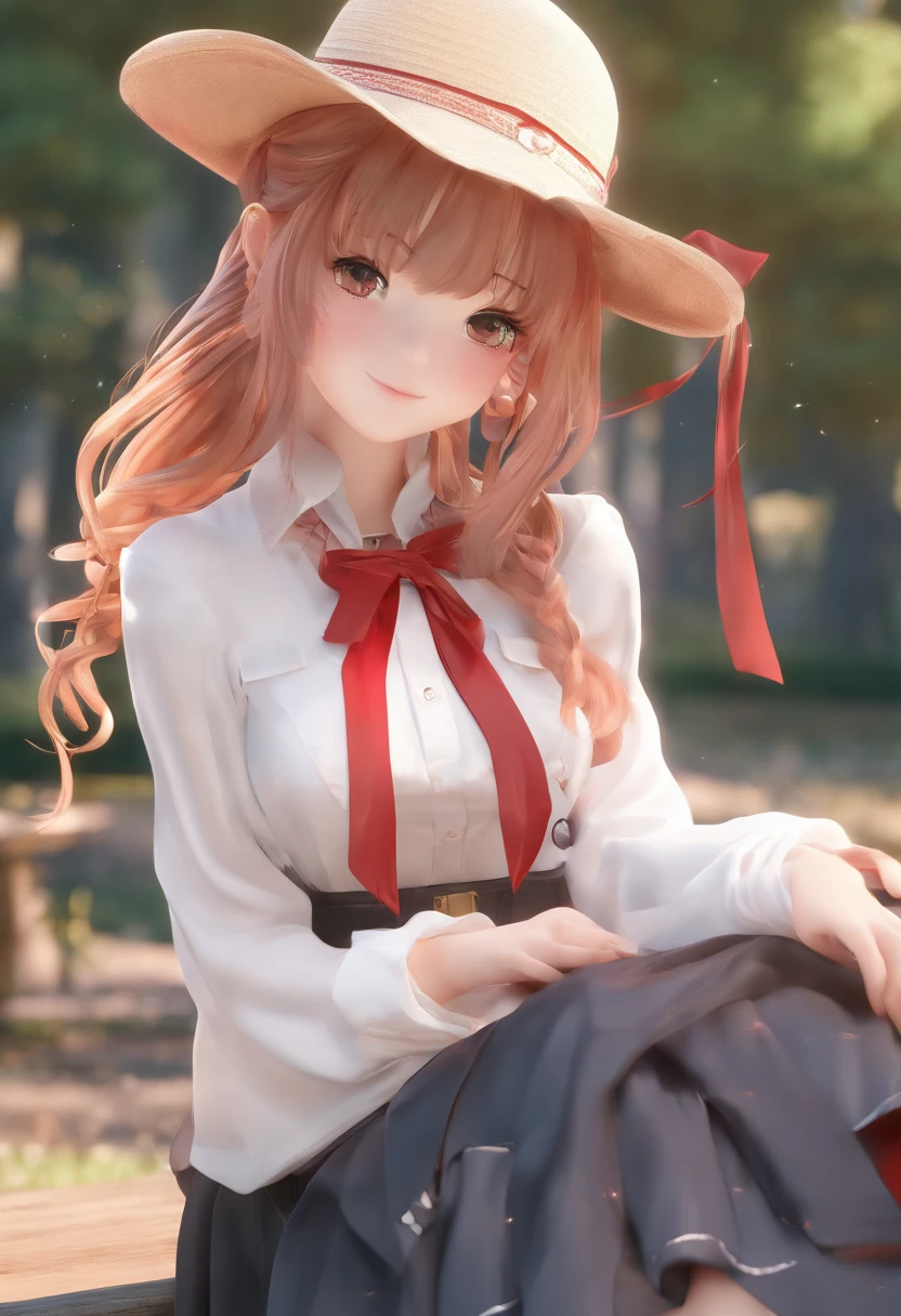masterpiece, best quality, anime, highly detailed, 1girl, solo, cowboy shot, sumi, single braid, side braid, hair bow, white bow, white shirt, long sleeves, sailor collar, red ribbon, red skirt, pleated skirt, embarrassed, blush, smile, outdoors