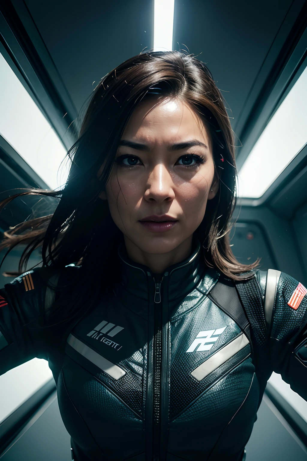Michelle Yeoh as a space ship captain, glowing lights, (dynamic pose), (hyper realistic:1.4), (realistic:1.3), (best quality real texture skin), full body, (Cinematic Light), highly detailed skin, skin pores, (highly detailed face:1.1), (highly detailed eyes:1.1), realistic pupils, (perfect anatomy:1.1), (perfect proportions:1.1), (photography:1.1), (photorealistic:1.1), volumetric lighting, dynamic lighting, real shadows, (highres:1.1), sharp focus, daylight, (realistic, hyperrealistic:1.4), intricate, high detail, dramatic, subsurface scattering, big depth of field, vivid, polished, sharpened, ((full Sharp)), (extremely absurdres),8k hdr