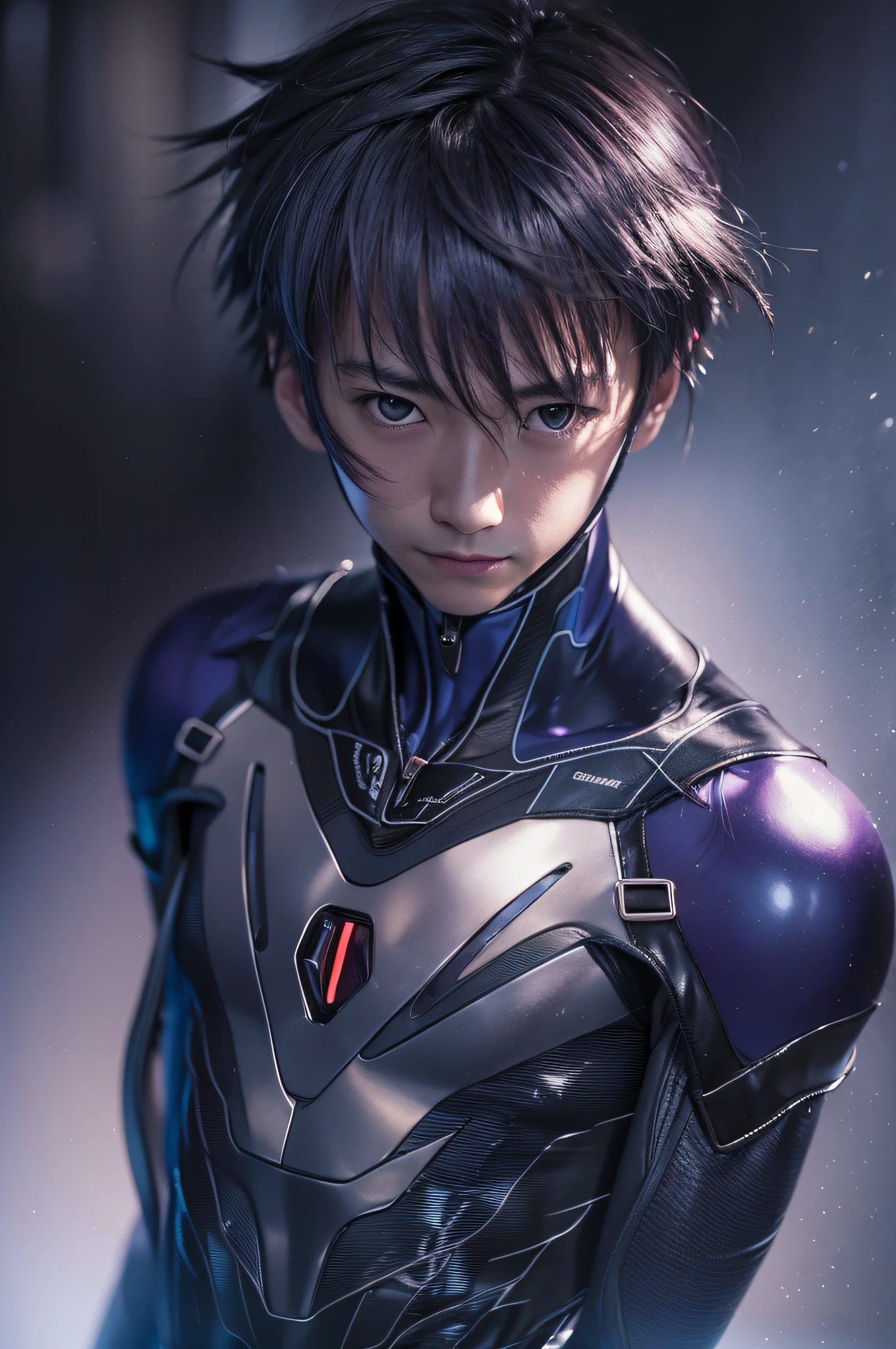 Masterpiece, RAW photo,high resolution,best quality,high definition, perfect composition, perfect face, perfect body, 16K,Cinematic lighting,short-haired,japanese male,Double eyelids,A dark-haired,Purple Bodysuit,latex,full body,Sad smile,Image of Shinji from Evangelion,
