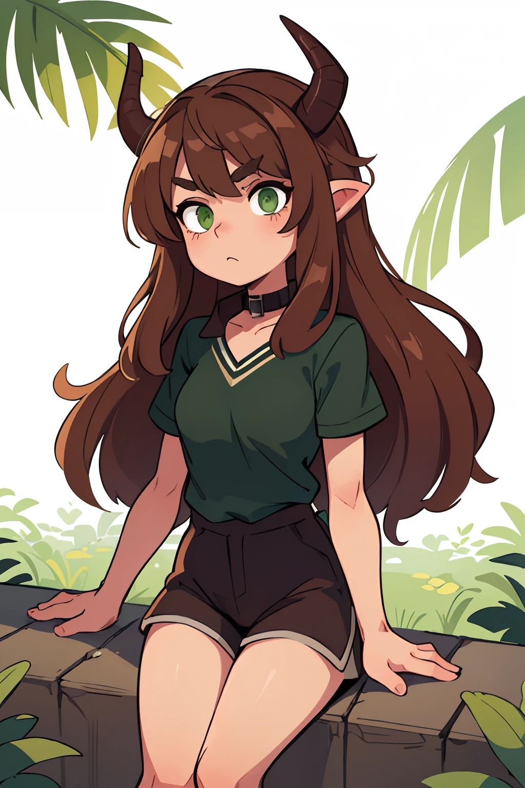 ((beste-Qualit, tmasterpiece)),
light brown hair, Long hair, white strand, Green horns, Green eyes, black top,Brown collar,Bents palms,in shorts