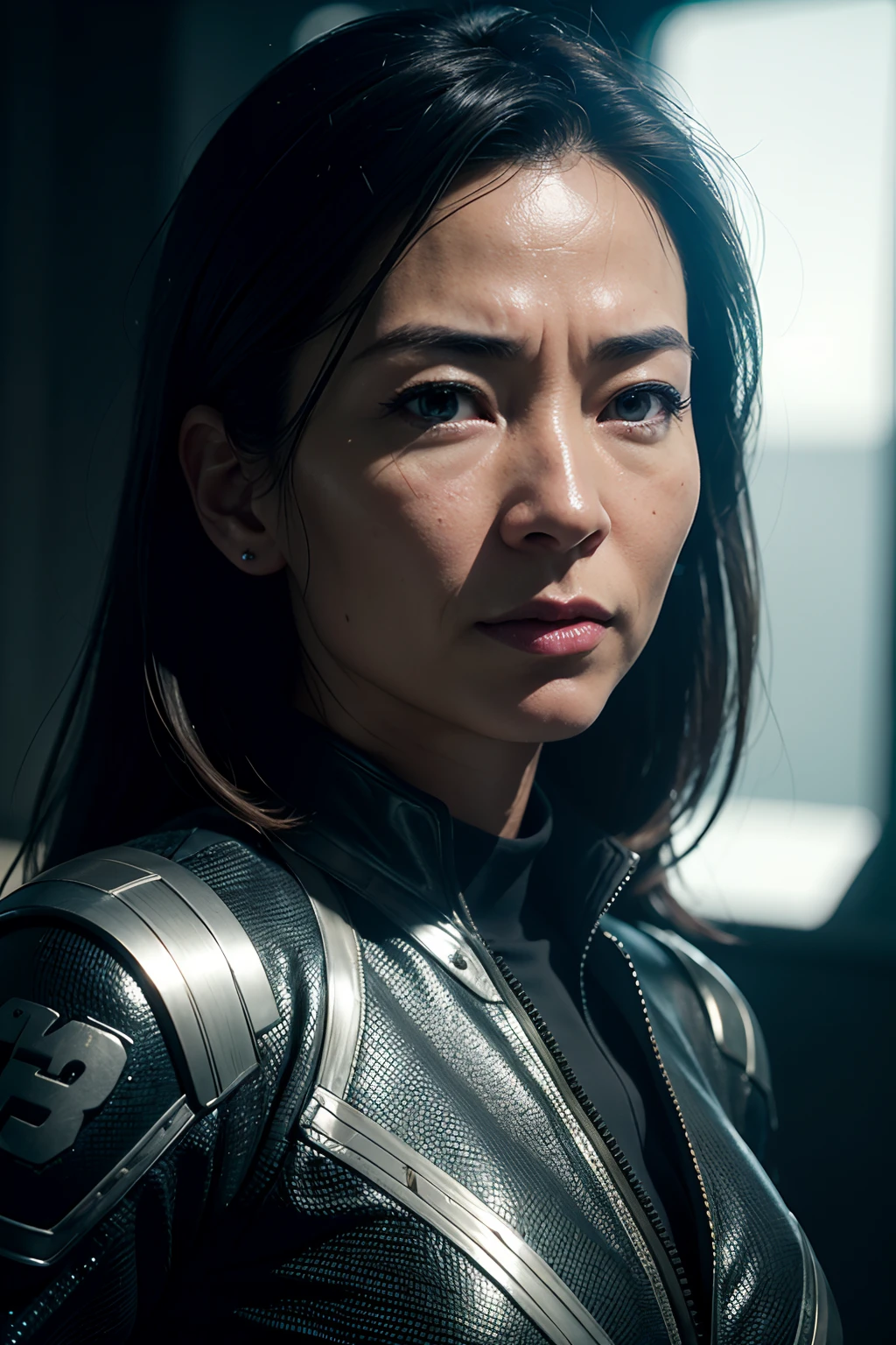 Michelle Yeoh as a space ship captain, glowing lights, (dynamic pose), (hyper realistic:1.4), (realistic:1.3), (best quality real texture skin), full body, (Cinematic Light), highly detailed skin, skin pores, (highly detailed face:1.1), (highly detailed eyes:1.1), realistic pupils, (perfect anatomy:1.1), (perfect proportions:1.1), (photography:1.1), (photorealistic:1.1), volumetric lighting, dynamic lighting, real shadows, (highres:1.1), sharp focus, daylight, (realistic, hyperrealistic:1.4), intricate, high detail, dramatic, subsurface scattering, big depth of field, vivid, polished, sharpened, ((full Sharp)), (extremely absurdres),8k hdr