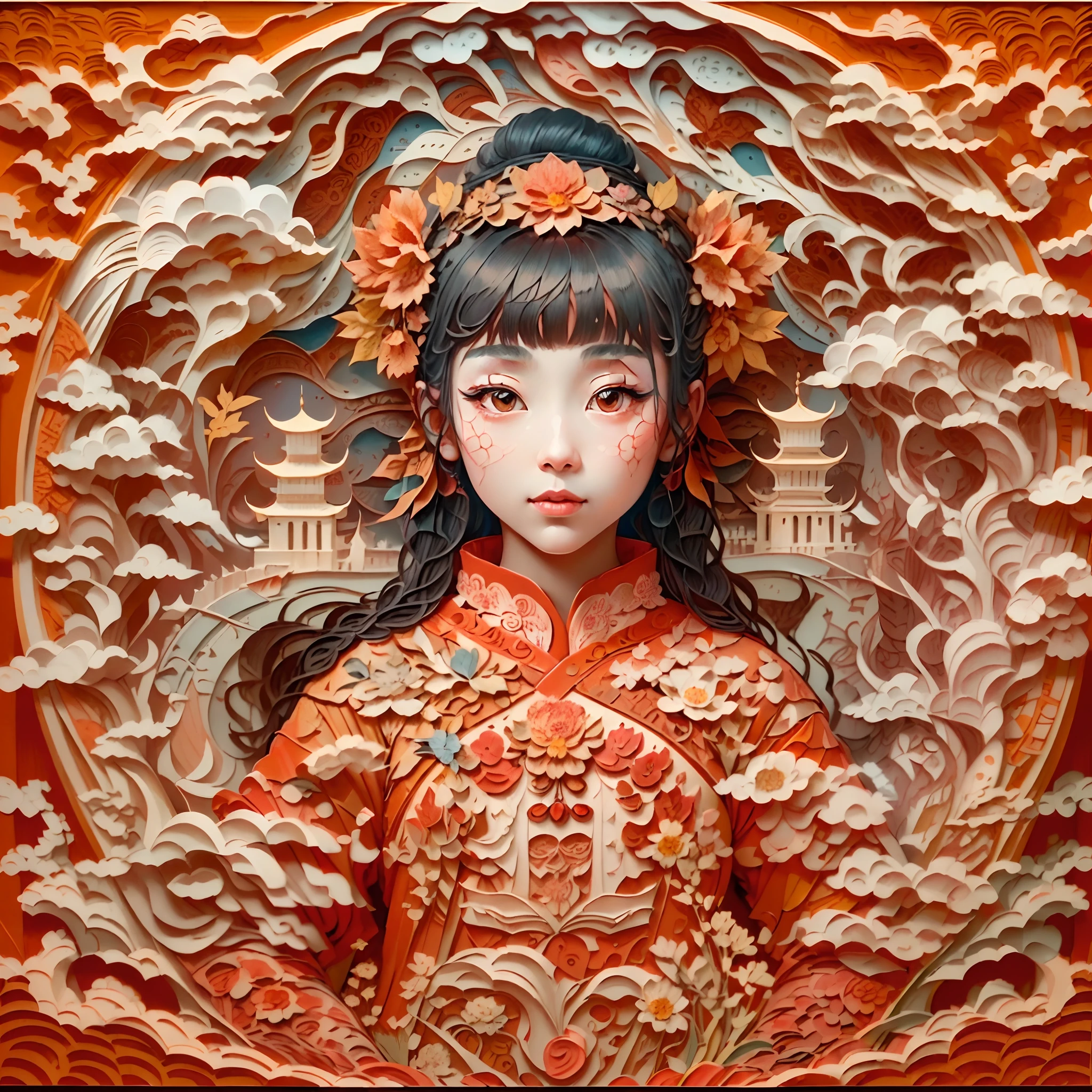 ((Best quality)) , ((Masterpiece)) , (Detailed) ,(paper cut out:1.3) ,((Cute girl)),Red paper cut with portraits, Chinese style, Traditional Chinese art, inspired by Park Hua, A style of ancient Chinese art, studio portraits, Intricate details, equirectangular 360, Masterpiece, desaturated, glittery, Vintage, extremely detailed nipple, (Concept artist:1.1),8K resolution