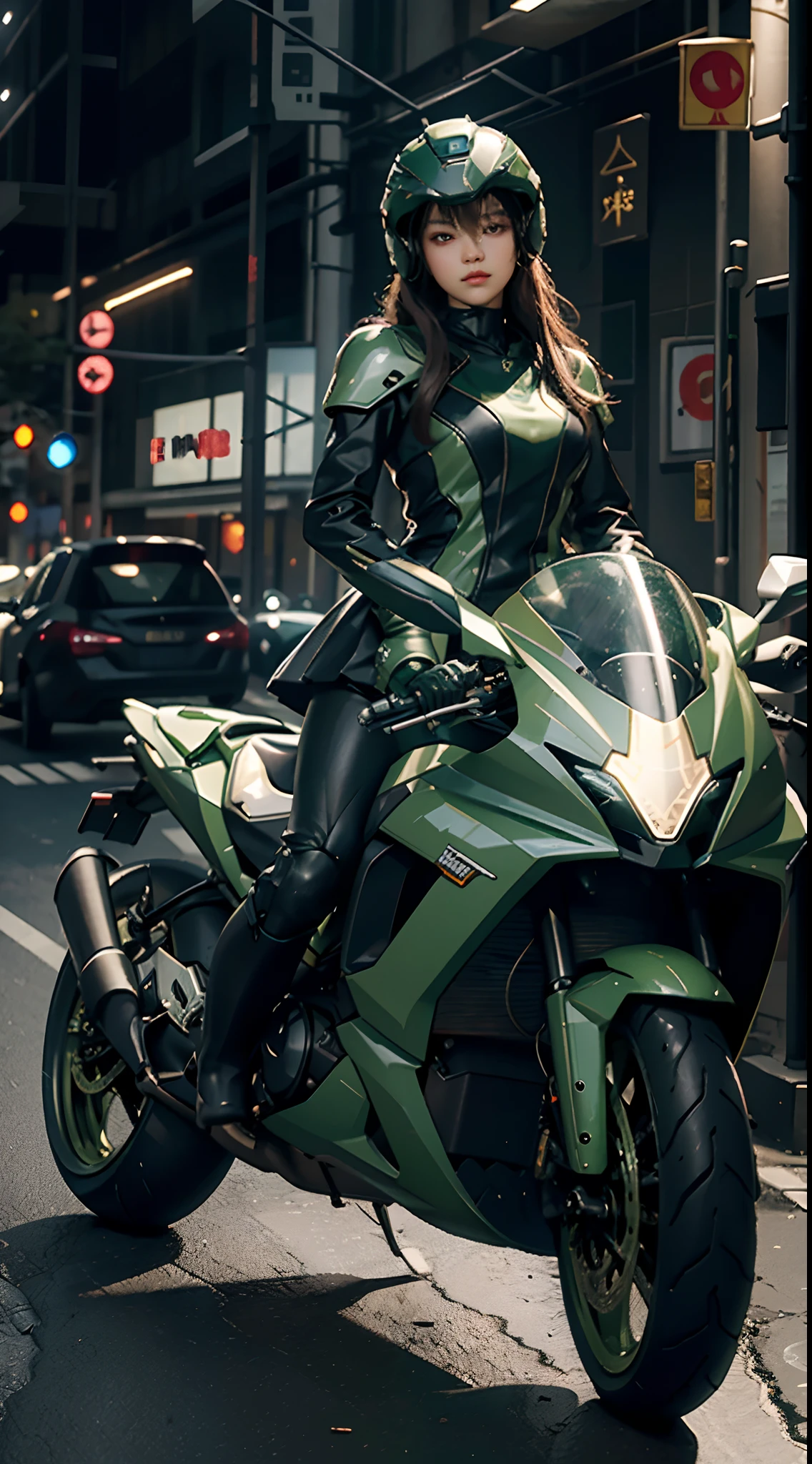 Highest image quality, outstanding details, ultra-high resolution, (realism: 1.4), the best illustration, favor details, highly condensed 1girl, with a delicate and beautiful face, dressed in a black and green mecha, wearing a mecha helmet, holding a directional controller, riding on a motorcycle, the background is a high-tech lighting scene of the future city.