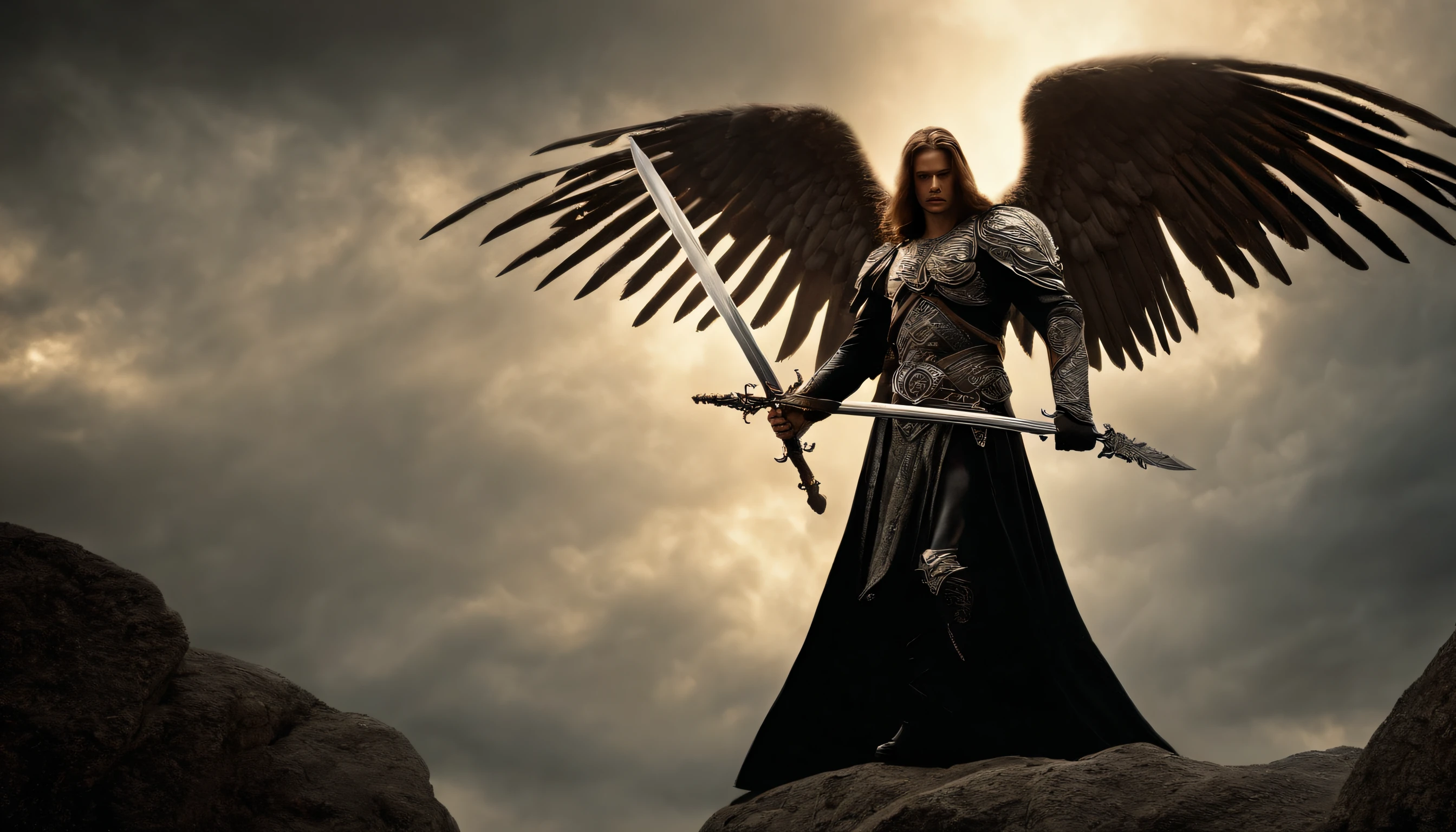 an image of an angel of God with a sword standing in heaven, angels vs demons, angel watching demon, angels and demons, anjo protegendo o homem, Arcanjo Miguel, Battle between angels and demons, anjo super largo, epic angel wings, angels protecting a praying man, necessidade humana anjo da morte. ((imagem epica)), ((alta qualidade)), 16k