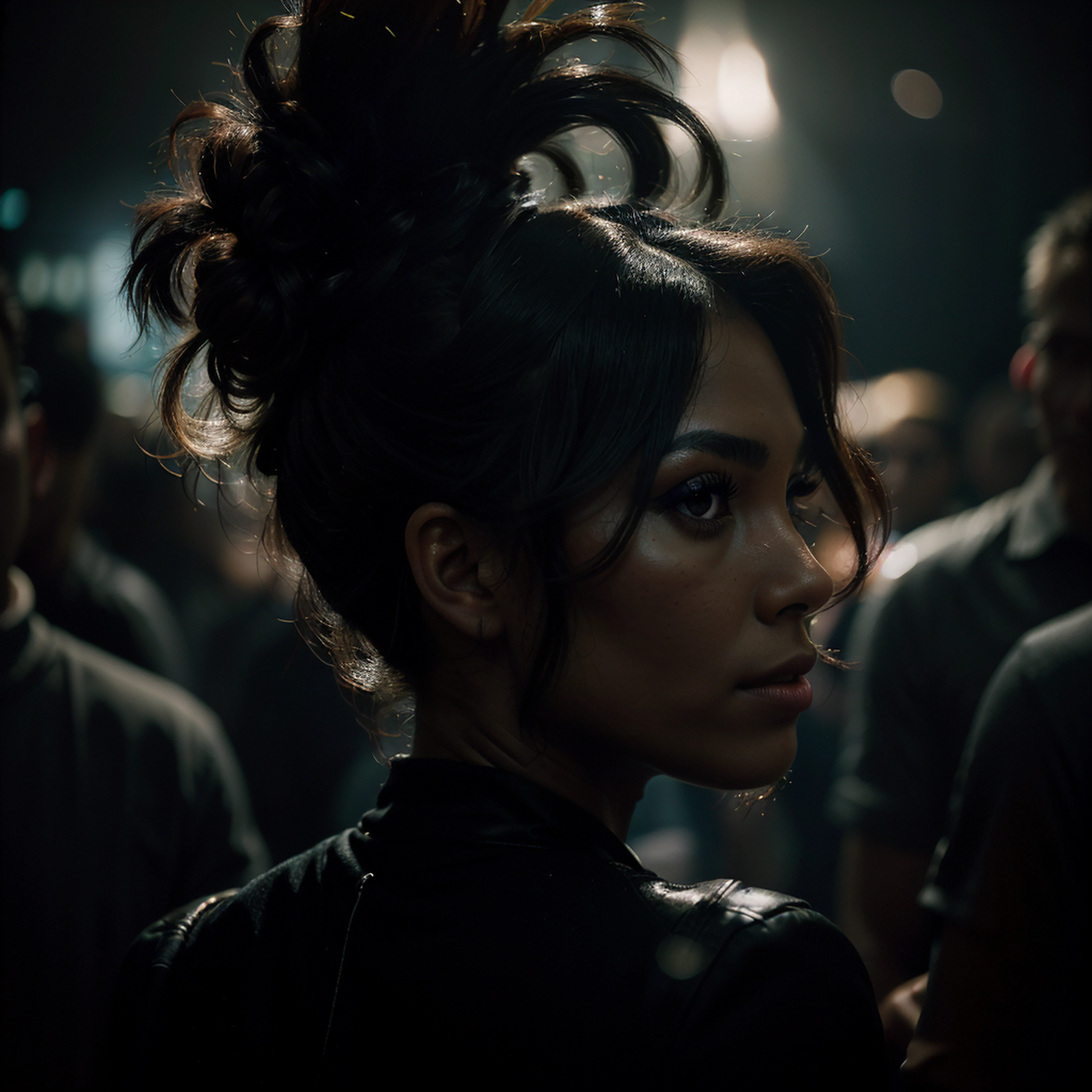 (photograph, depth of field, intricate details, portrait), a close-up photograph of a woman in a club, black silhouette with contour light, (silhouette: 1.3), crowd of people dances around, dark image, backlight
