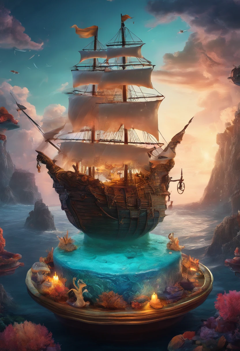 Three layered underwater cake with a black pirate ship at the top and monster Kraken at the bottom in artistically and beautifully designed universe diorama, intricate design and details, dramatic lighting, hyperrealism, photorealistic, depth of field, unreal engine, 8k