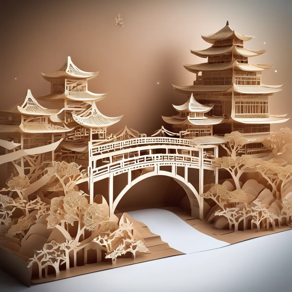 China-style，Anlan Rope Bridge，Dujiangyan，arte em papel cortado