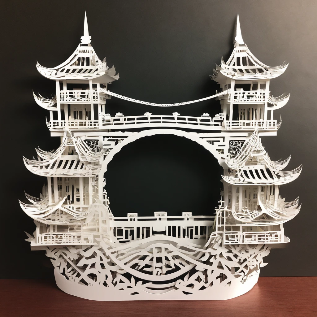 China-style，Anlan Rope Bridge，Dujiangyan，arte em papel cortado