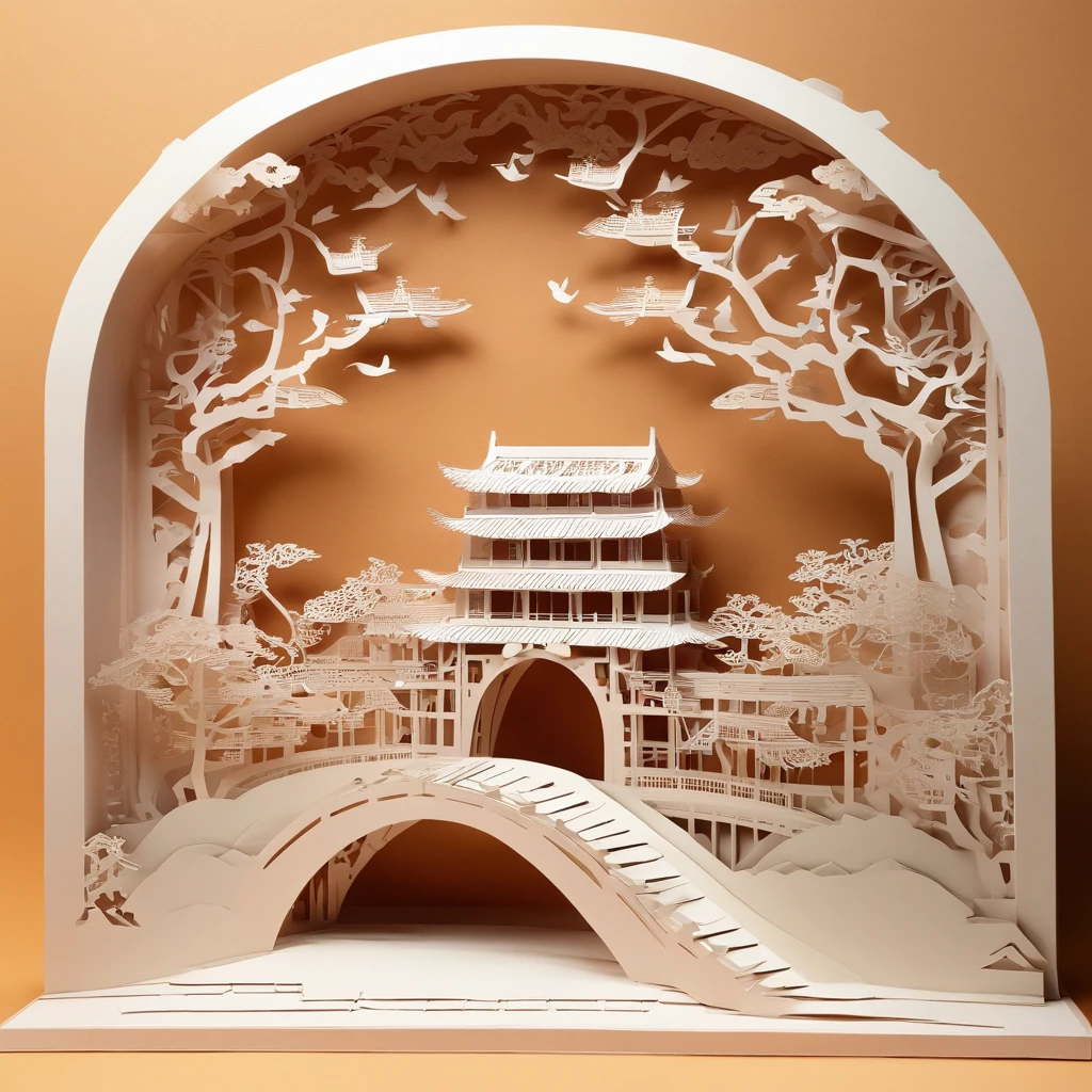China-style，Anlan Rope Bridge，Dujiangyan，arte em papel cortado