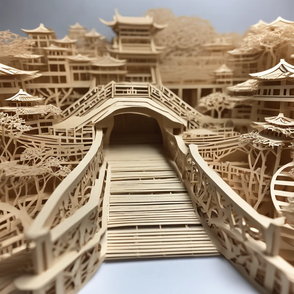 China-style，Anlan Rope Bridge，Dujiangyan，arte em papel cortado