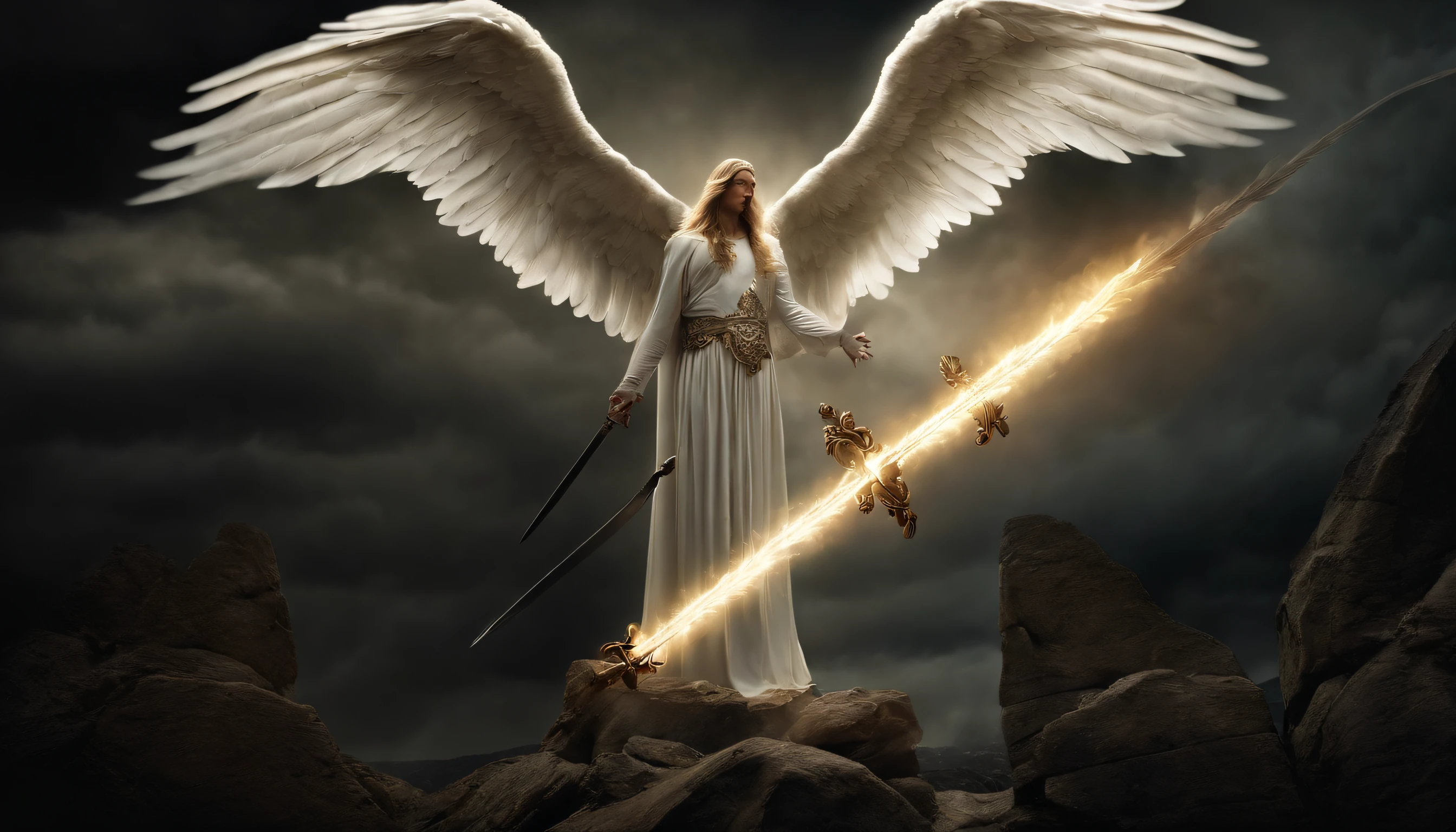 an image of an angel of God with a sword standing in heaven,  angels vs demons, angel watching demon, angels and demons, anjo protegendo o homem, Arcanjo Miguel, Battle between angels and demons, anjo super largo, epic angel wings, angels protecting a praying man, necessidade humana anjo da morte. ((imagem epica)), ((alta qualidade)), 16k