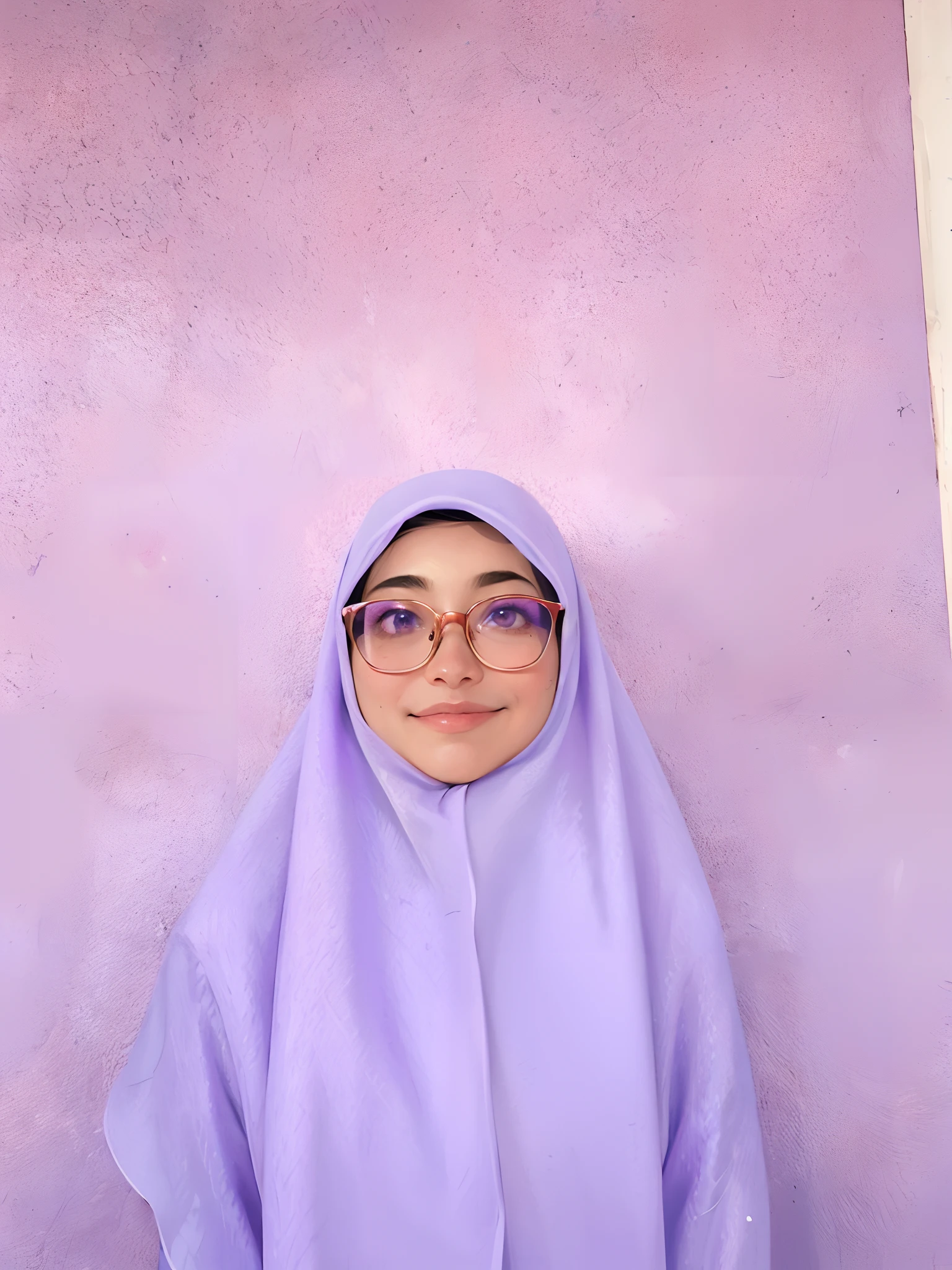 purple wall with a woman wearing a purple scarf and glasses, in background, inspired by Naza, with square glasses, protrait, close up potrait, her face is a mauve flower, lilac, color portrait, spectacled, with kind face, inspired by JoWOnder, with glasses, shot with iphone 1 0, purple skin color, potrait, colored, 4k, realistic, HD